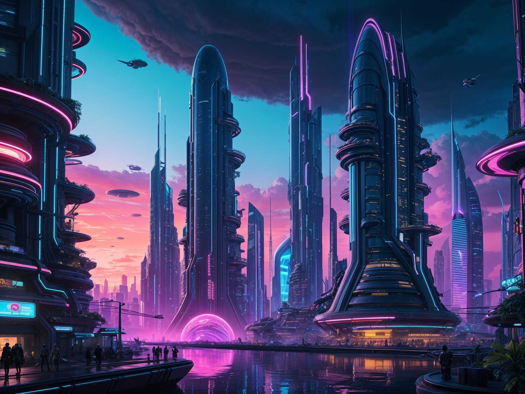 Futuristic cityscape at dusk with neon lights and vehicles