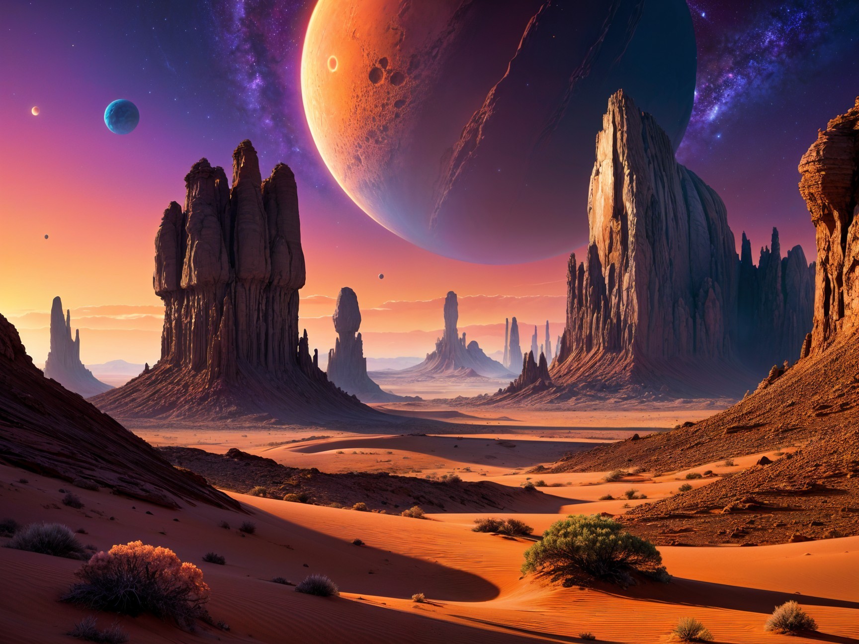 Alien Landscape with Colorful Rock Formations and Planets