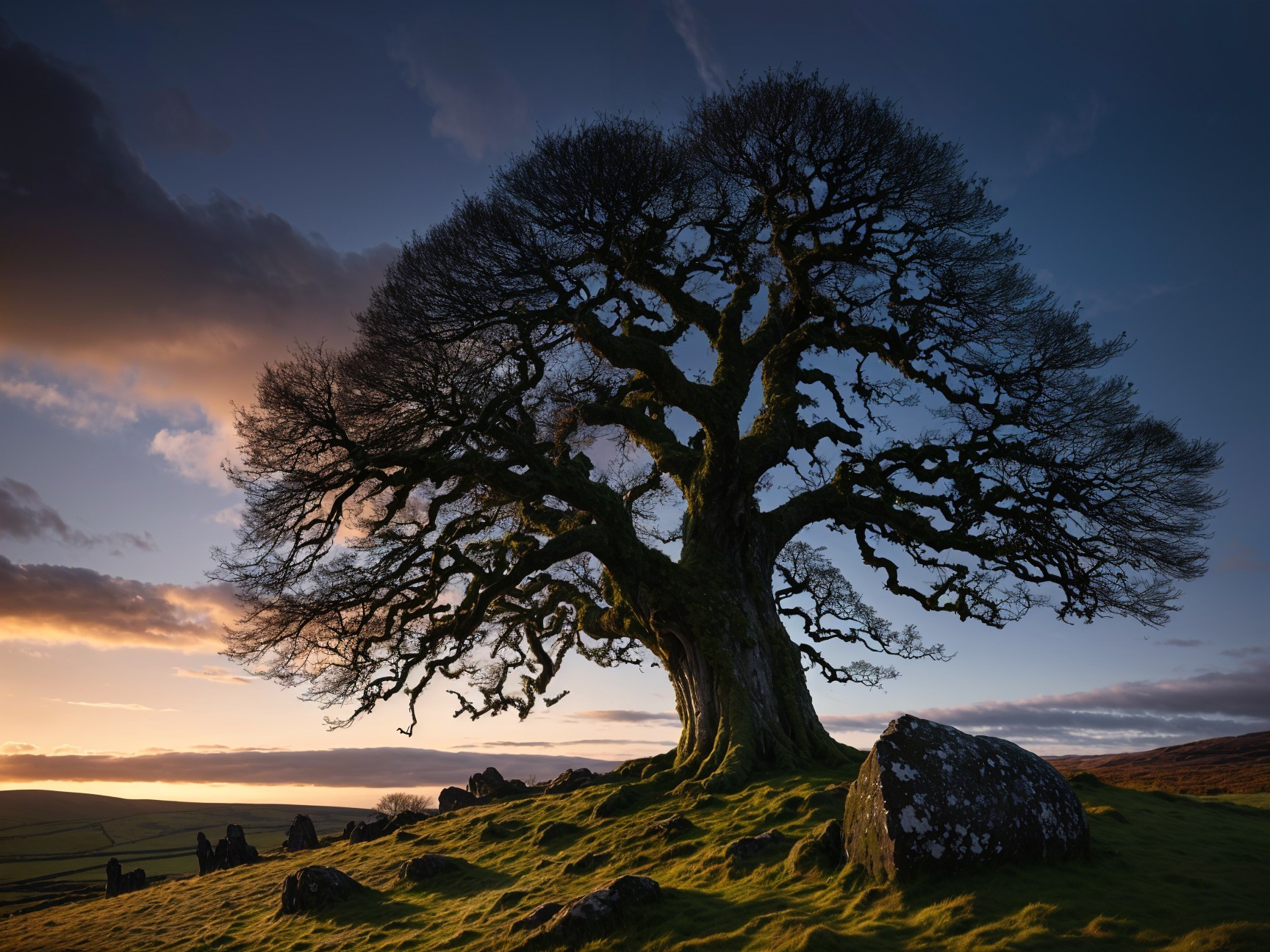 Majestic Tree on Grassy Hill at Sunset Sky