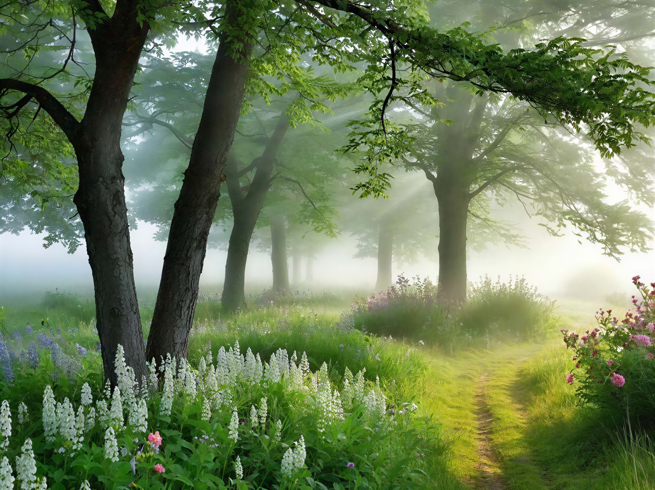Magical Forest Path with Wildflowers and Sunlight