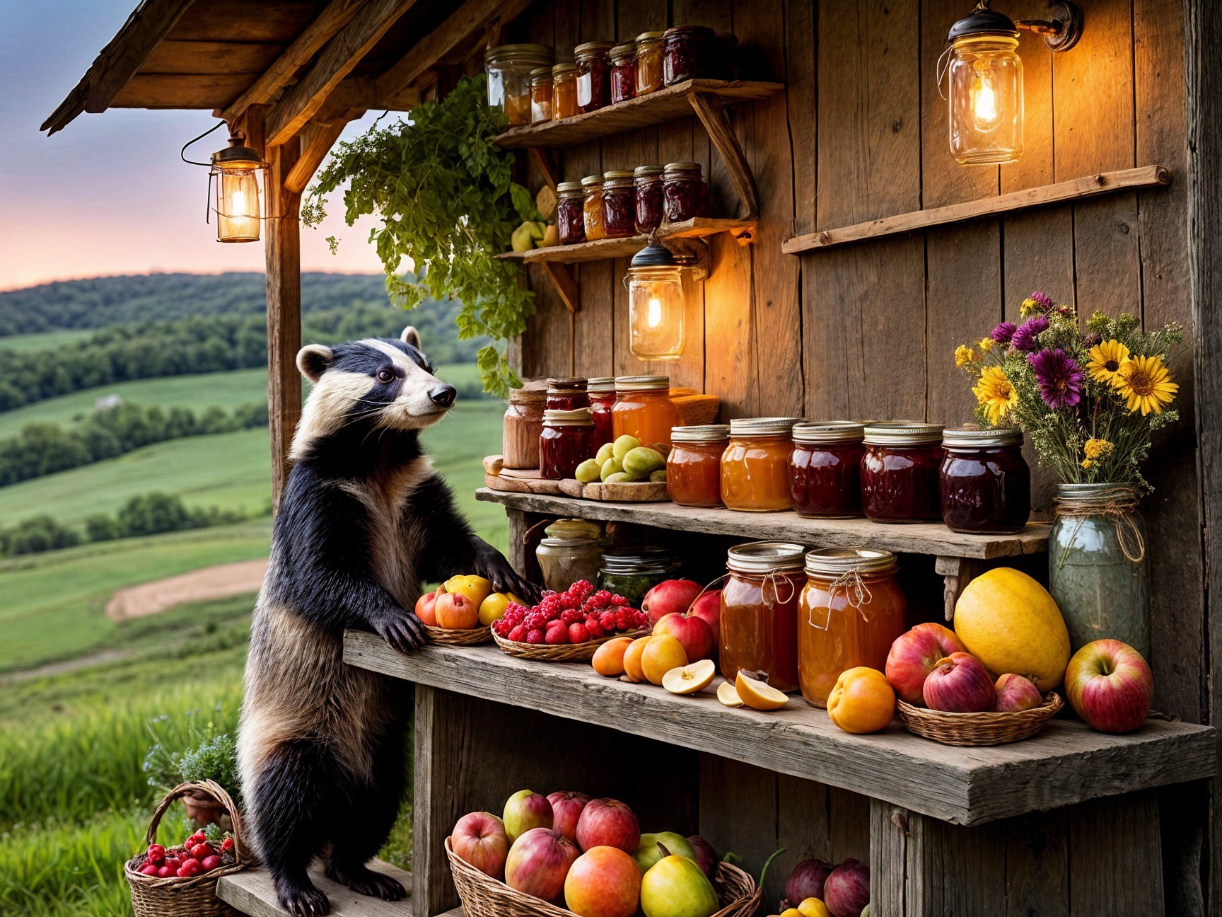 Rustic stand with colorful fruits and preserves in sunlit market
