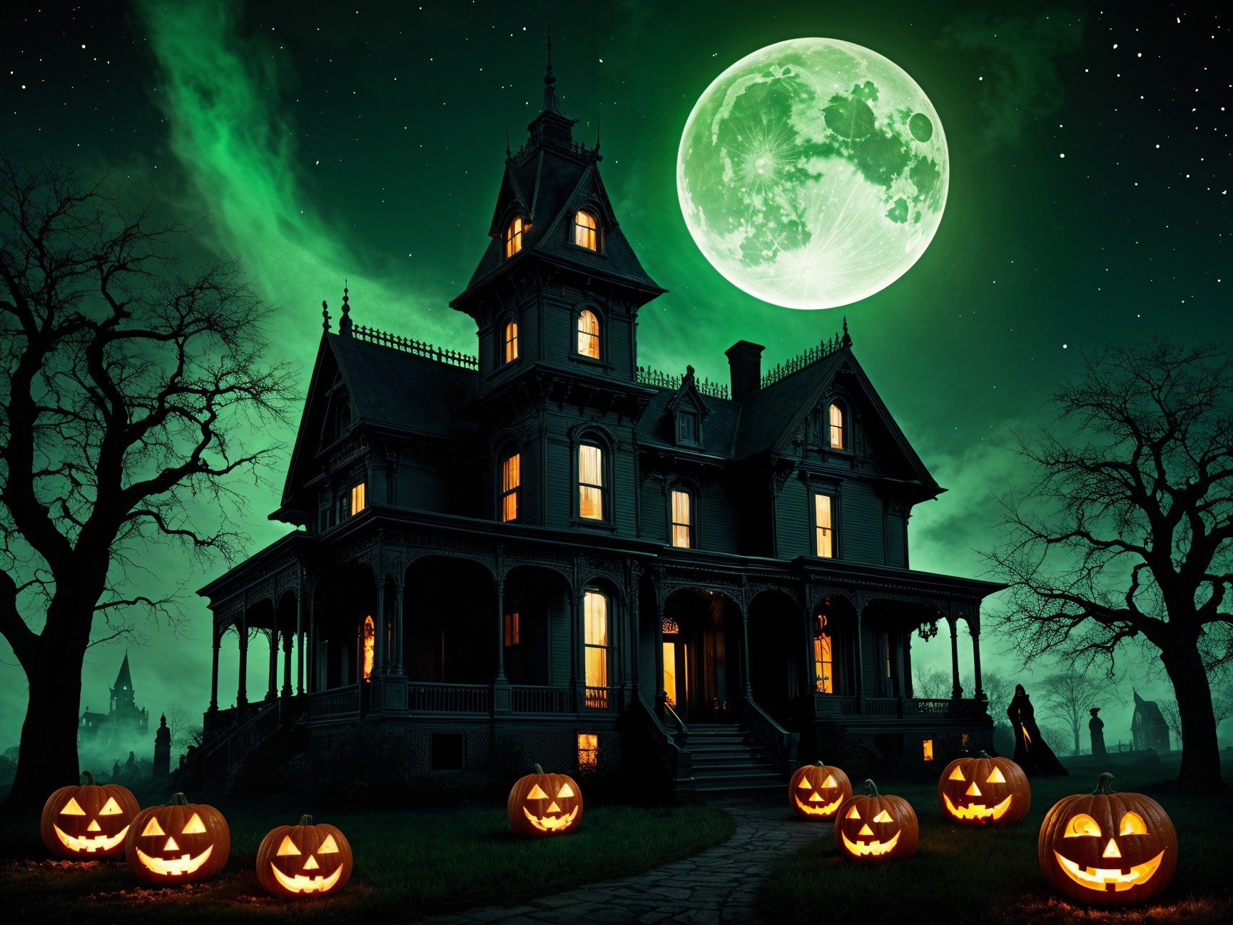 Victorian Mansion with Jack-o'-Lanterns at Night