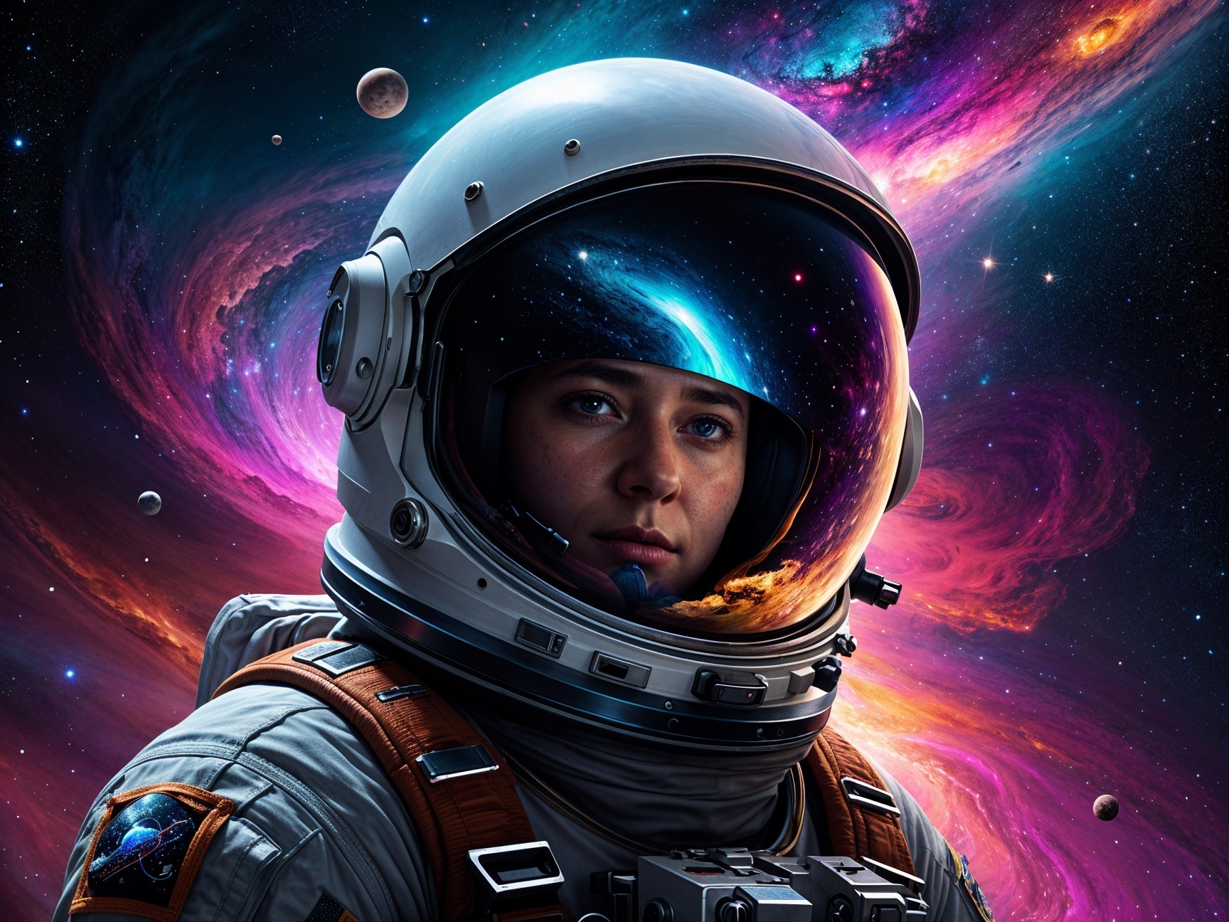 Astronaut in Space Suit Against Cosmic Backdrop