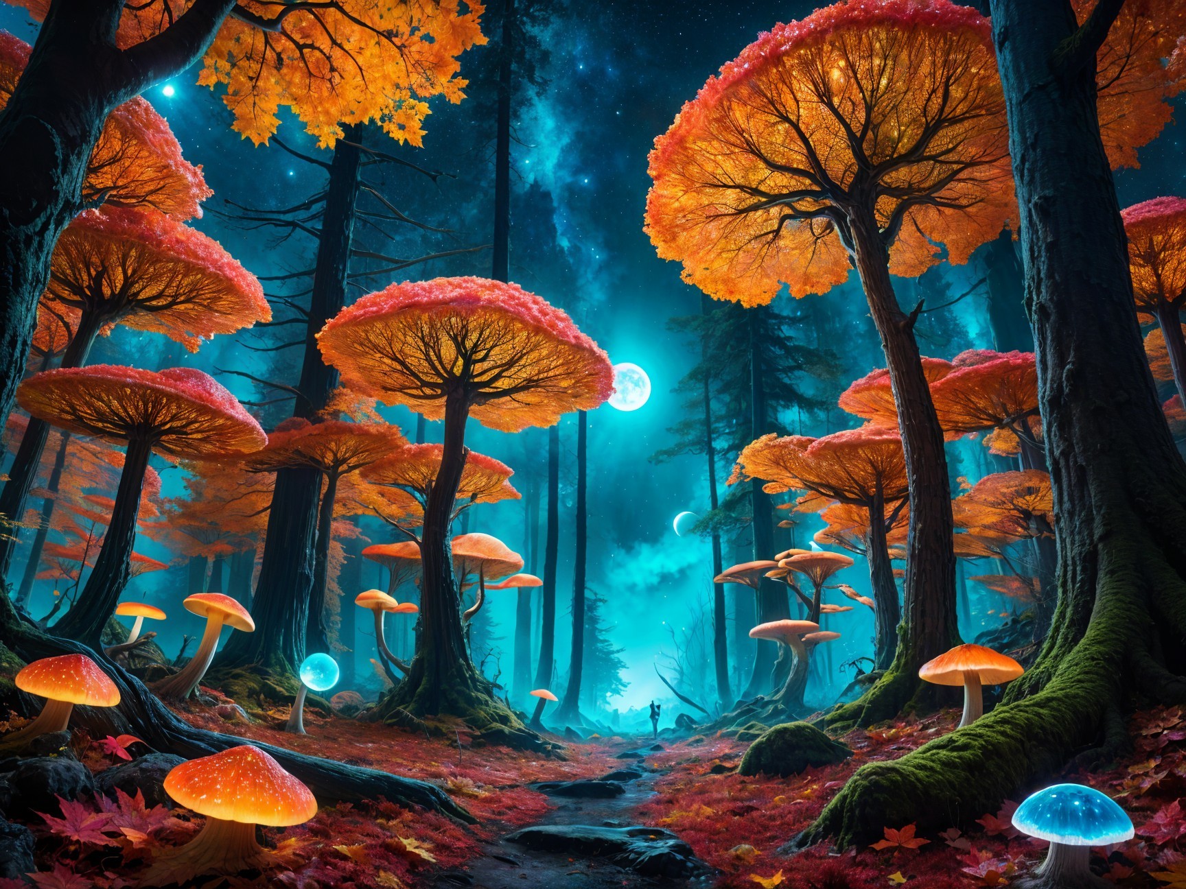 Mystical forest with glowing trees and colorful mushrooms