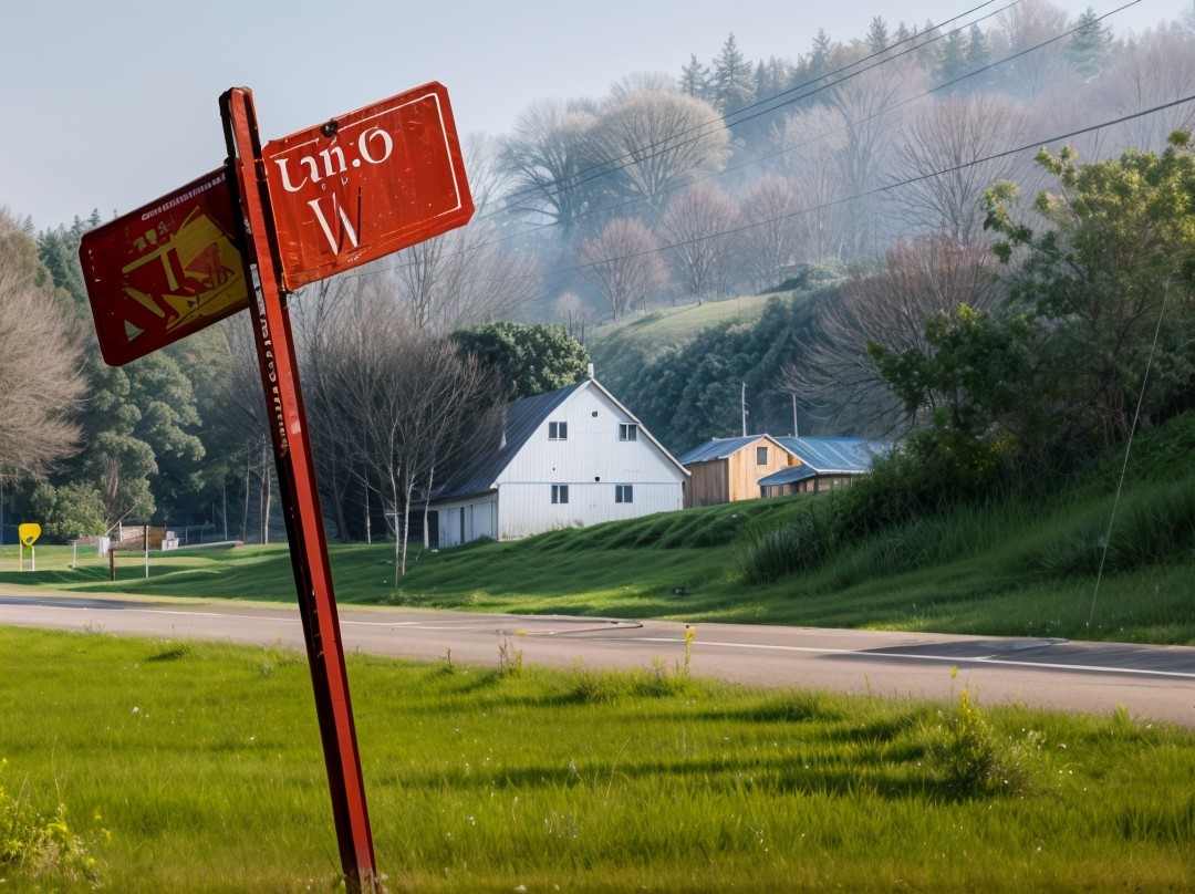 Tilted Roadside Sign Overlooking Tranquil Landscape
