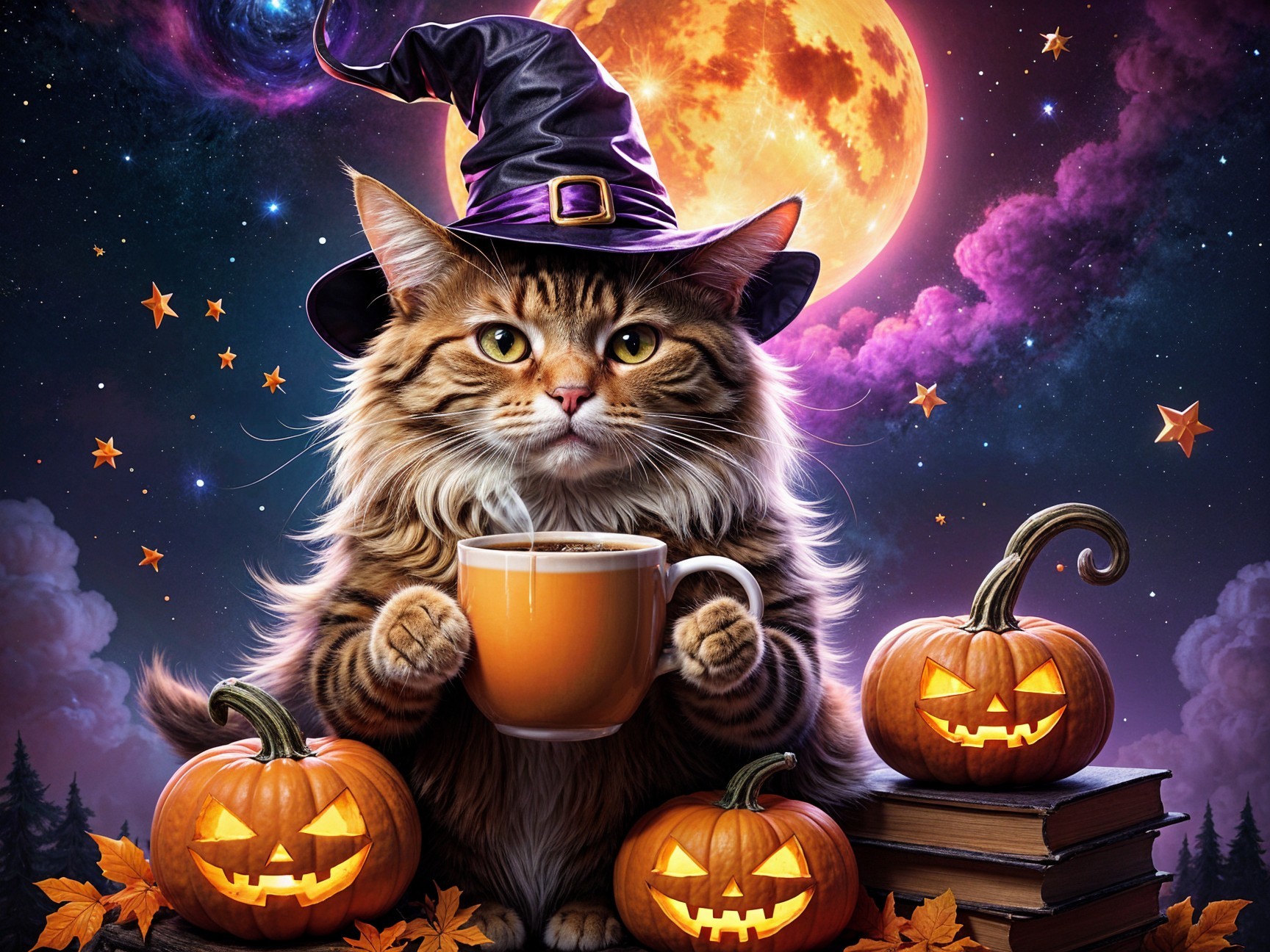 Fluffy Cat in Witch Hat with Moon and Pumpkins