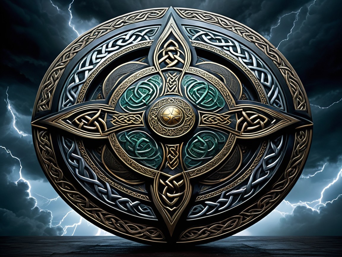 Celtic Patterned Shield with Golden and Emerald Accents
