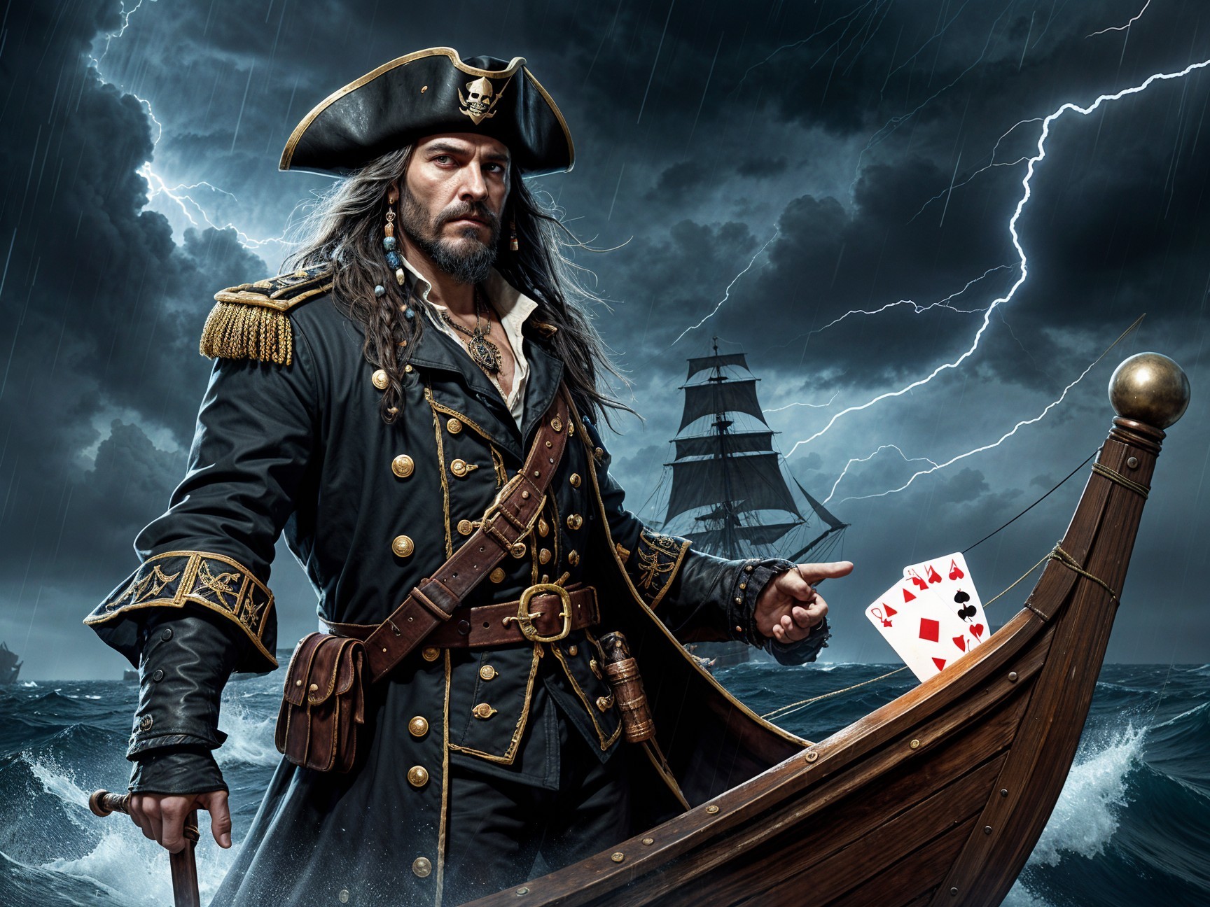 Rugged Pirate at Helm Amidst Stormy Sea and Ghost Ship