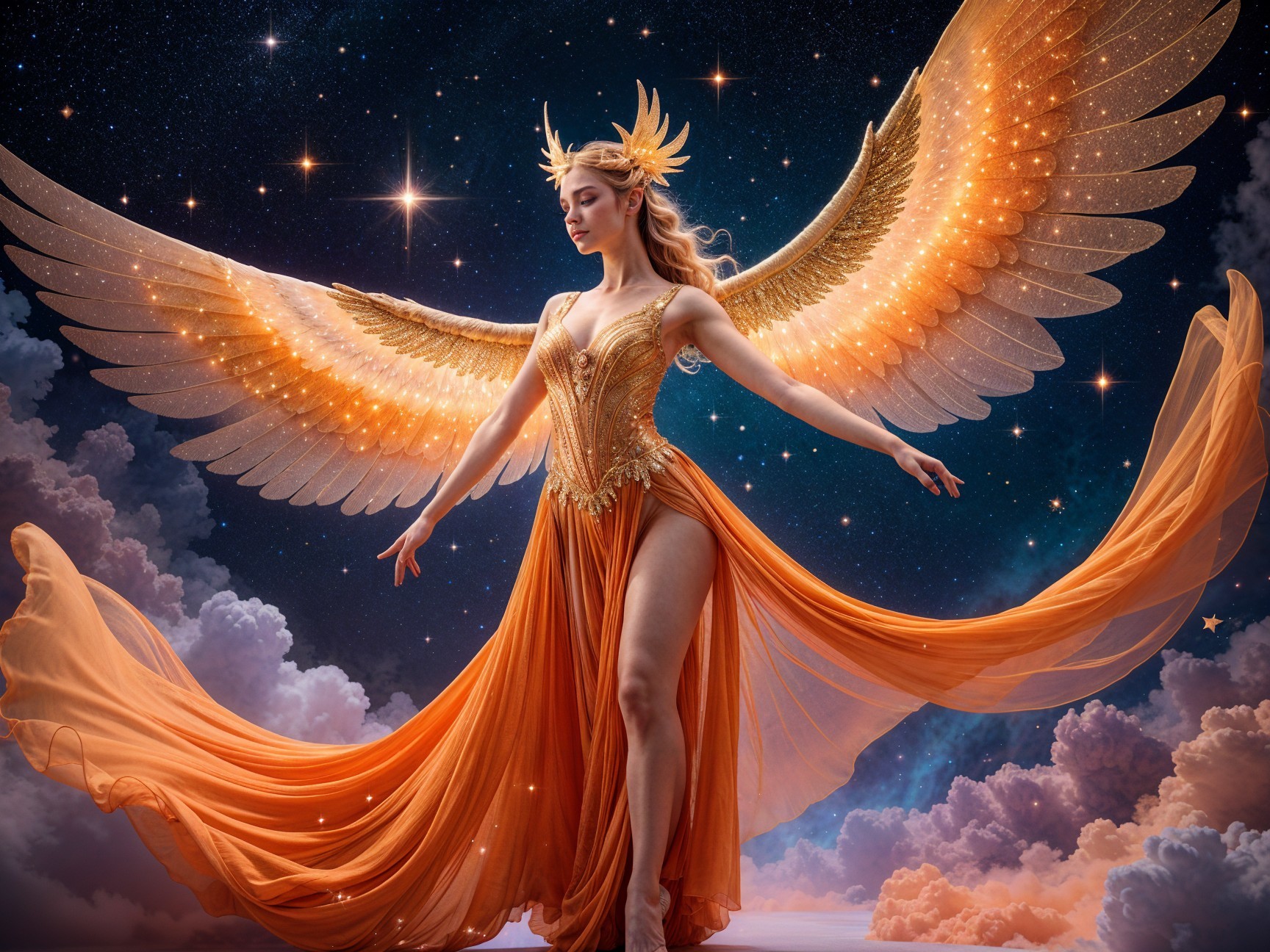 Celestial Figure in Orange Gown with Golden Wings