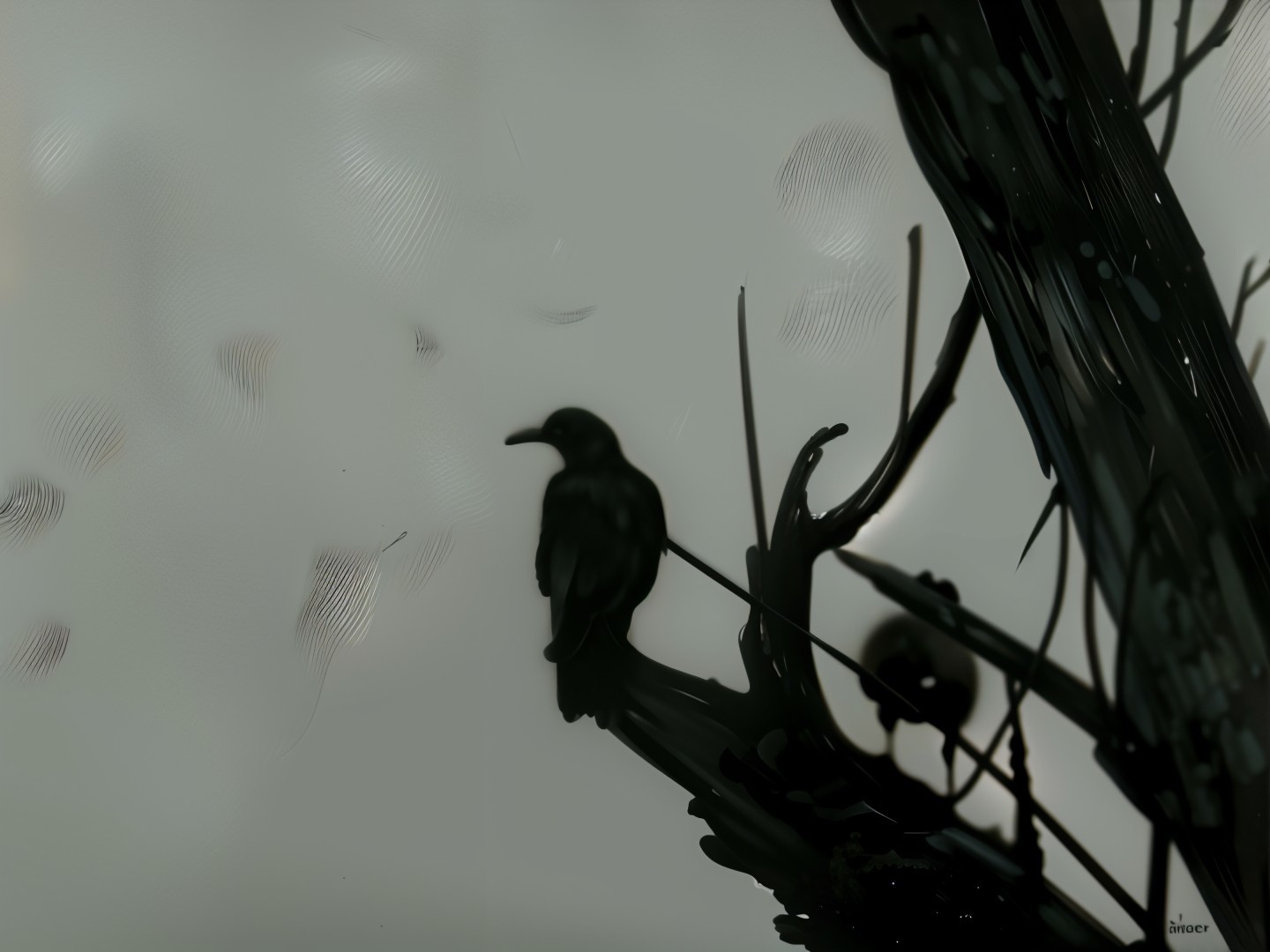 Surreal Bird Silhouette on Branch in Misty Background