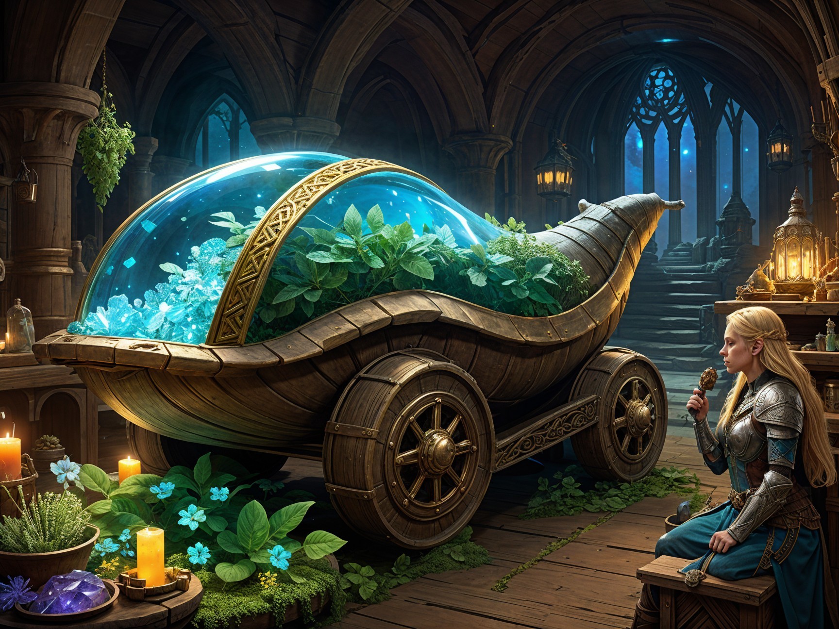 Wooden Cart with Plants and Crystals in Mystical Setting