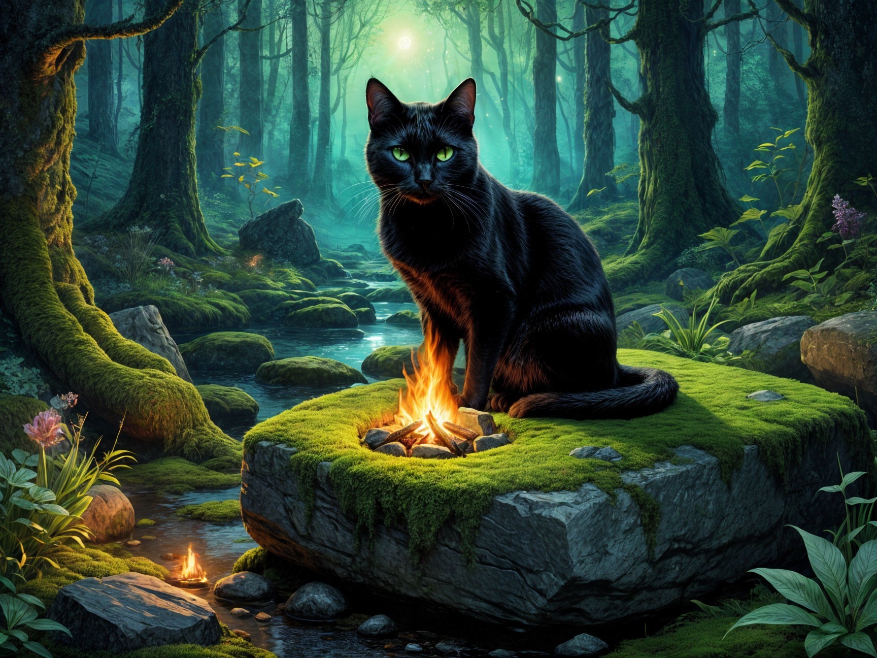 Mystical Forest Scene with Black Cat and Fire