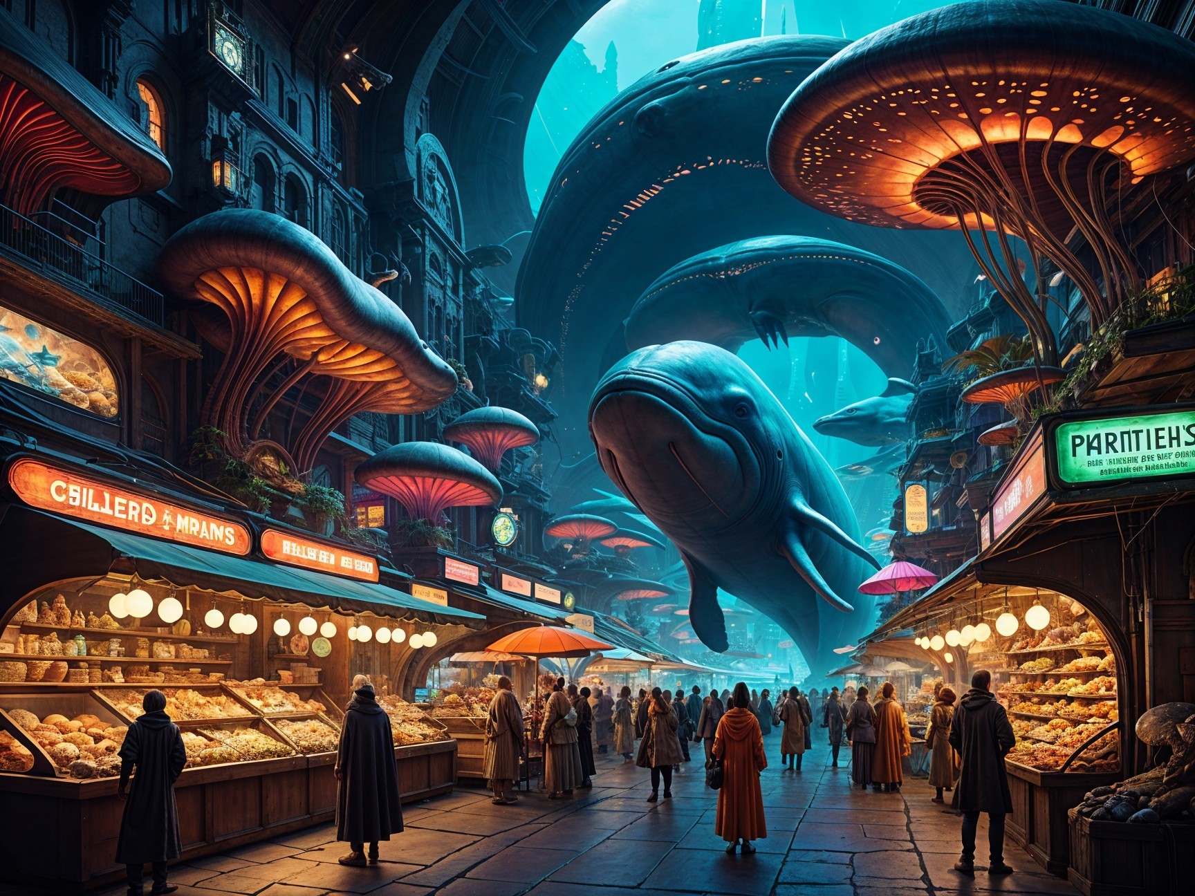 Futuristic Market Scene with Colossal Mushrooms and Whale
