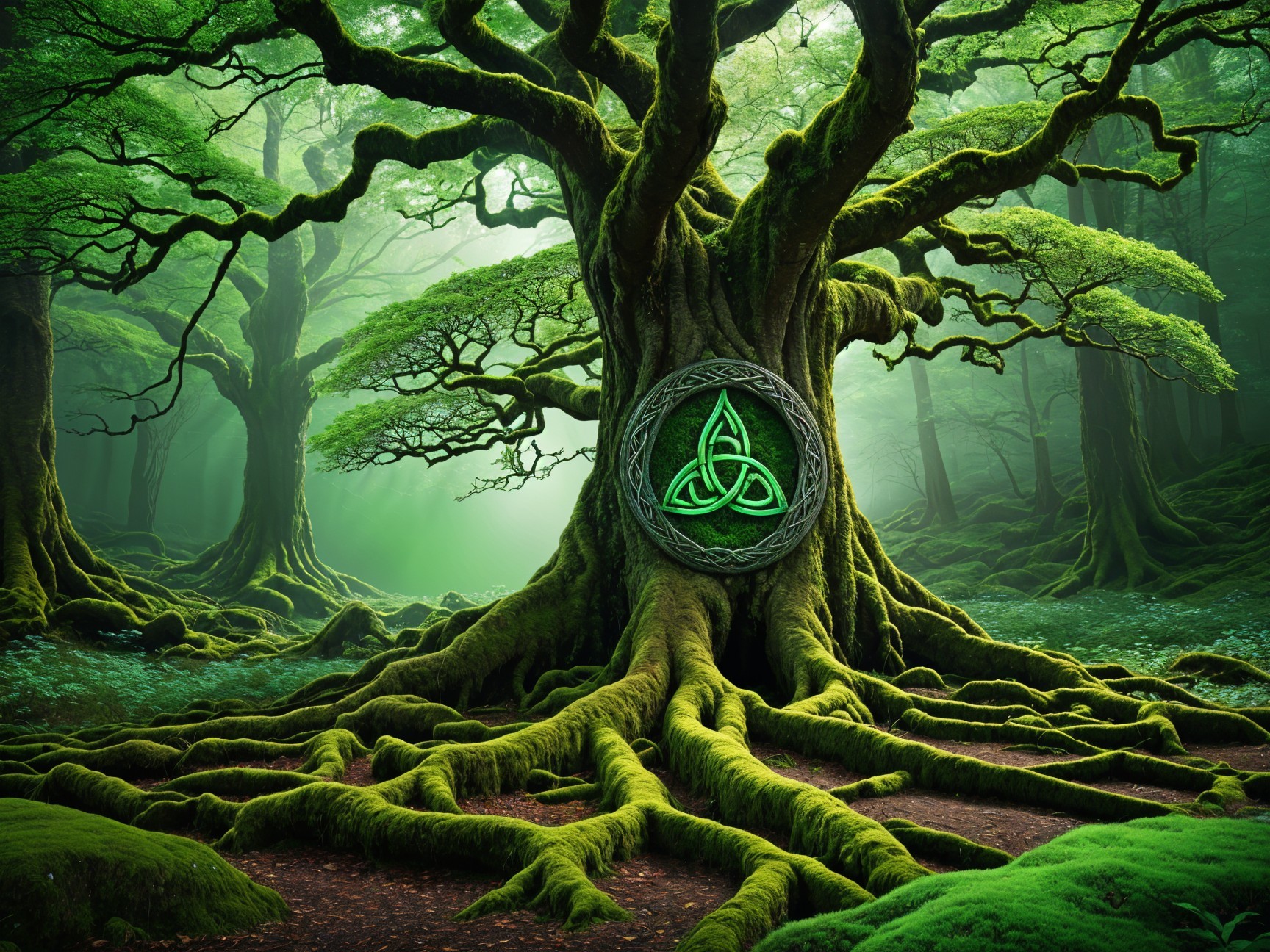 Majestic Tree with Triskelion in Lush Forest Setting