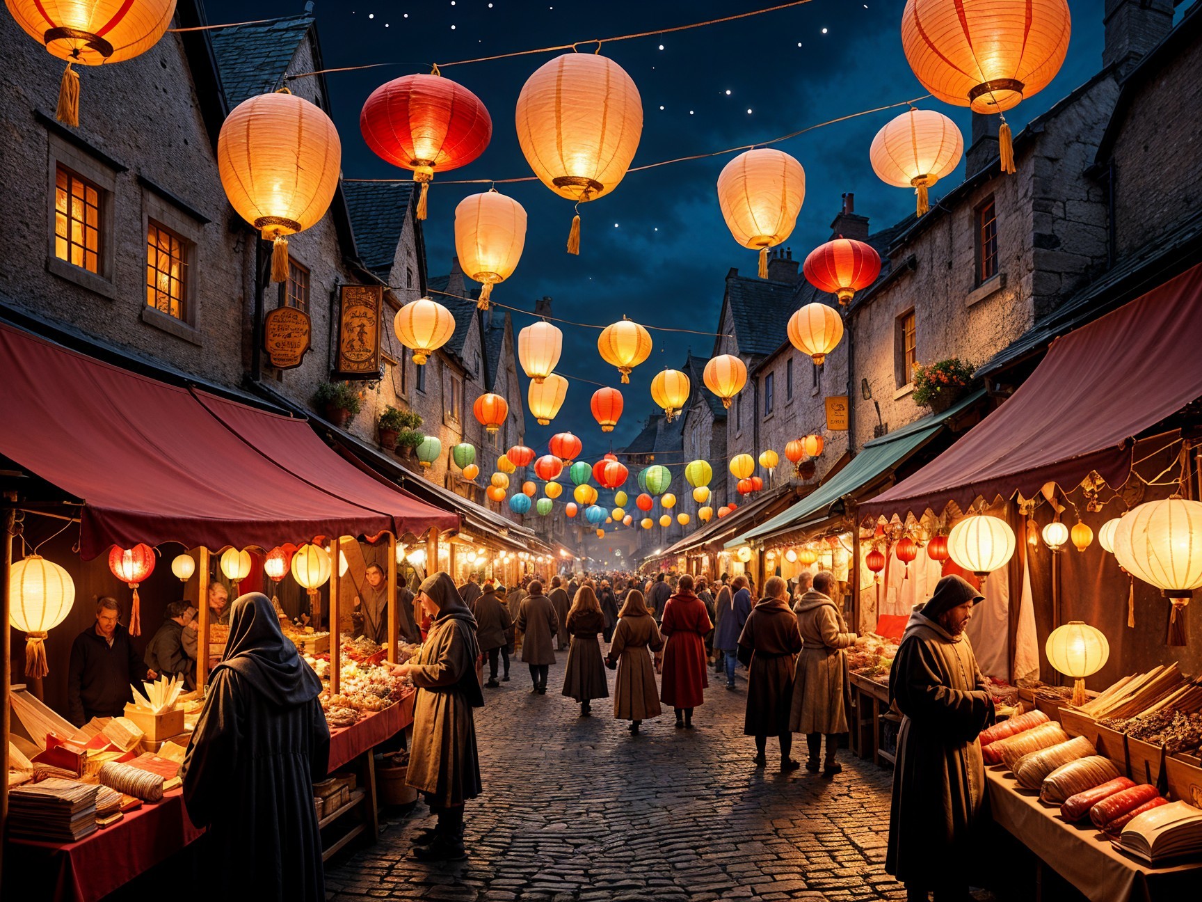 Vibrant Night Market Scene with Colorful Lanterns