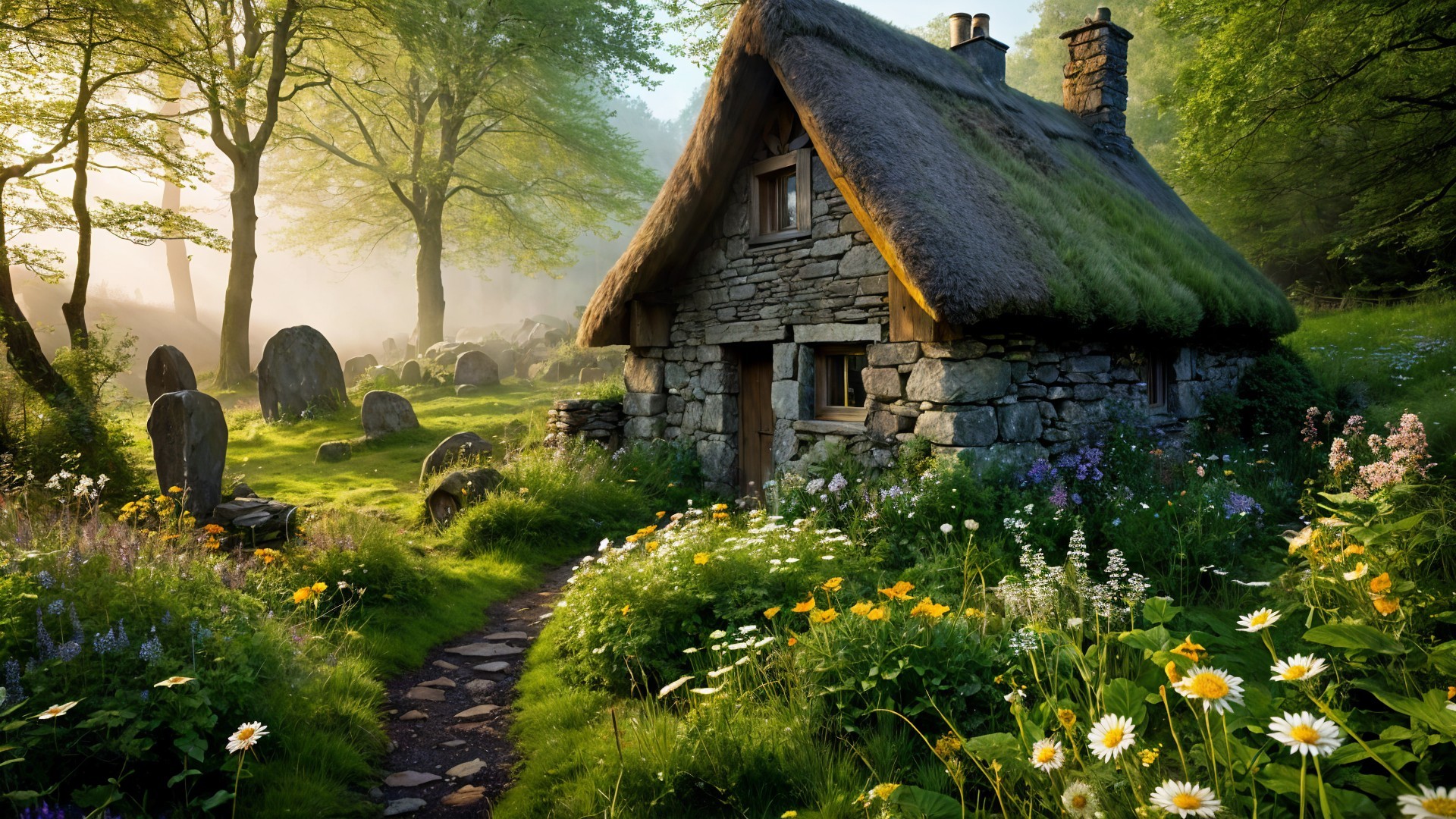 Thatched Cottage Surrounded by Wildflowers and Trees
