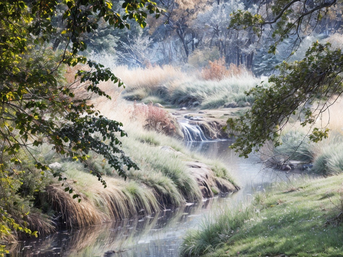 Serene Landscape with Stream and Autumn Colors