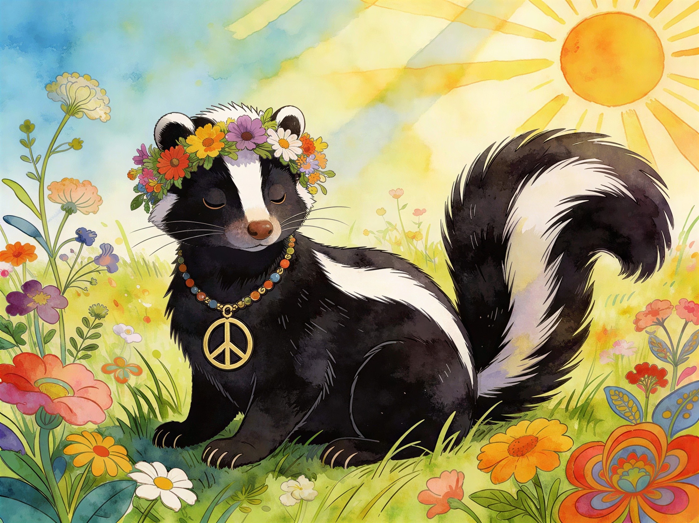 Watercolor Cartoon Skunk in Flower Field Scene