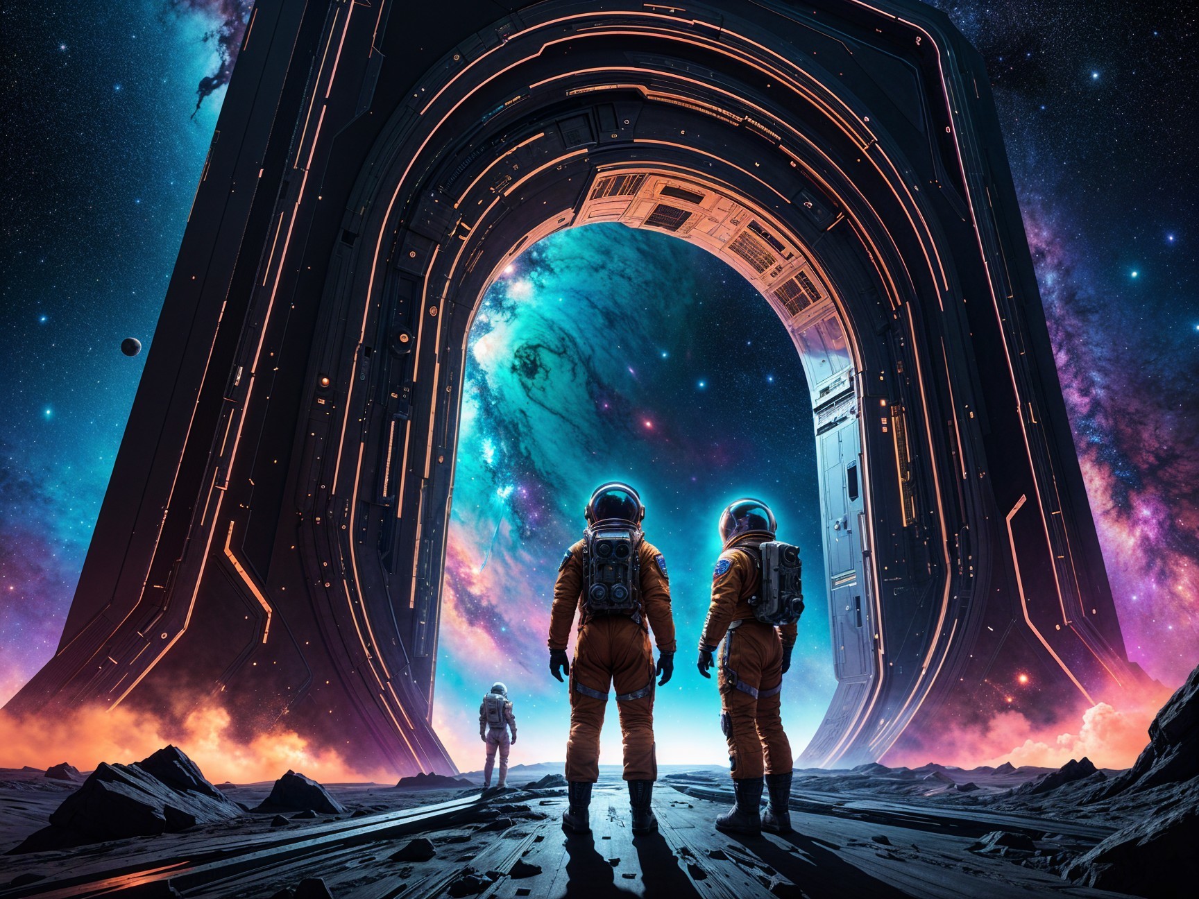 Astronauts in Cosmic Landscape with Futuristic Archway
