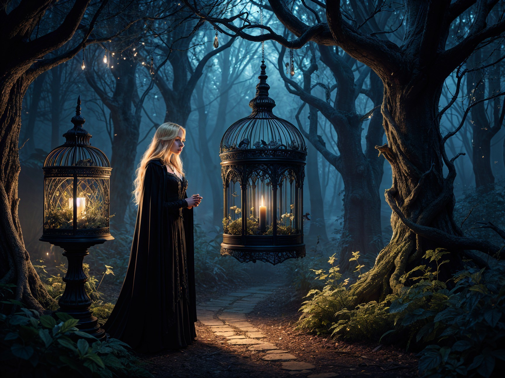 Cloaked Figure in Enchanted Forest with Glowing Cages