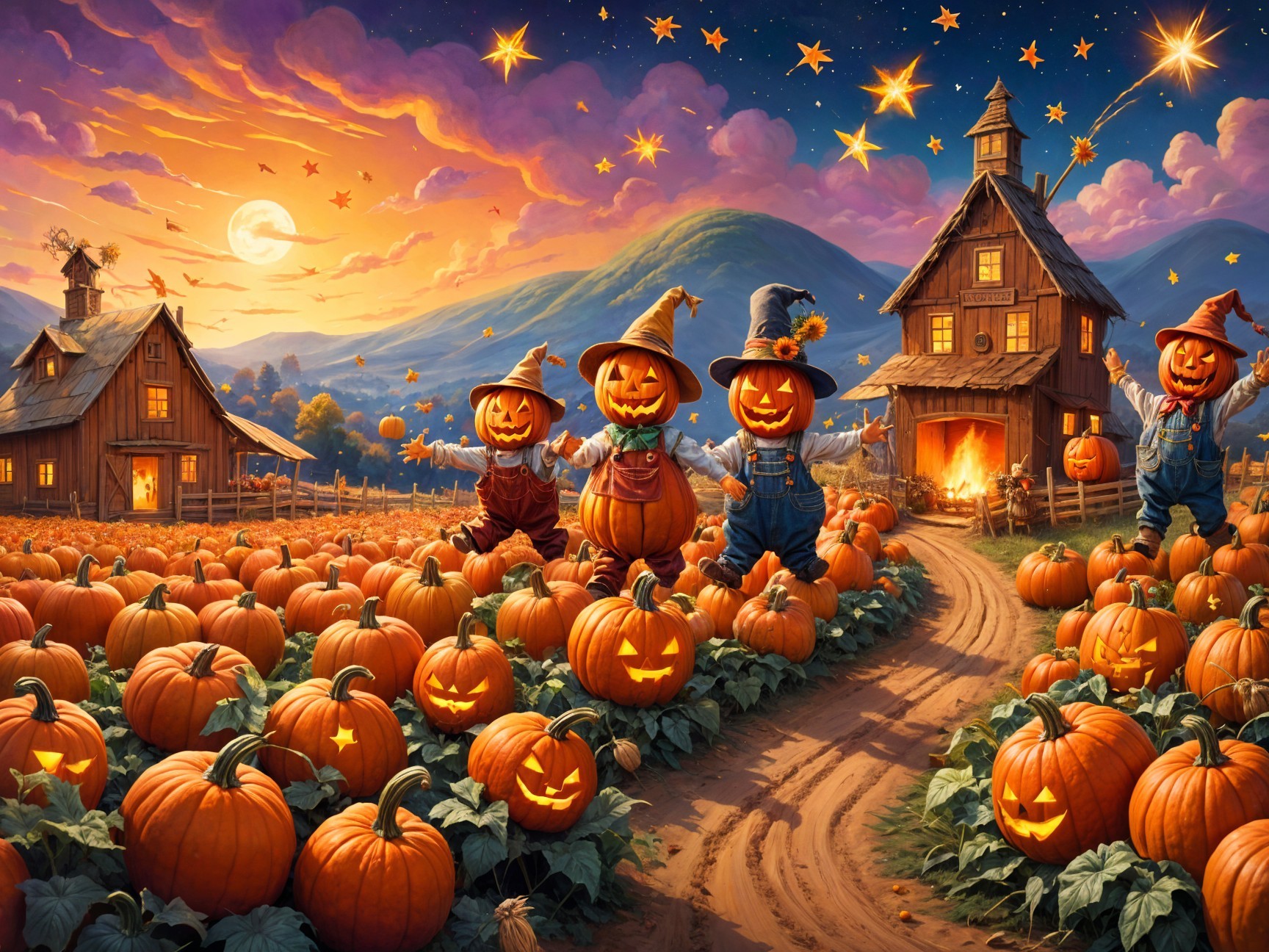 Halloween Scene in a Pumpkin Patch at Sunset