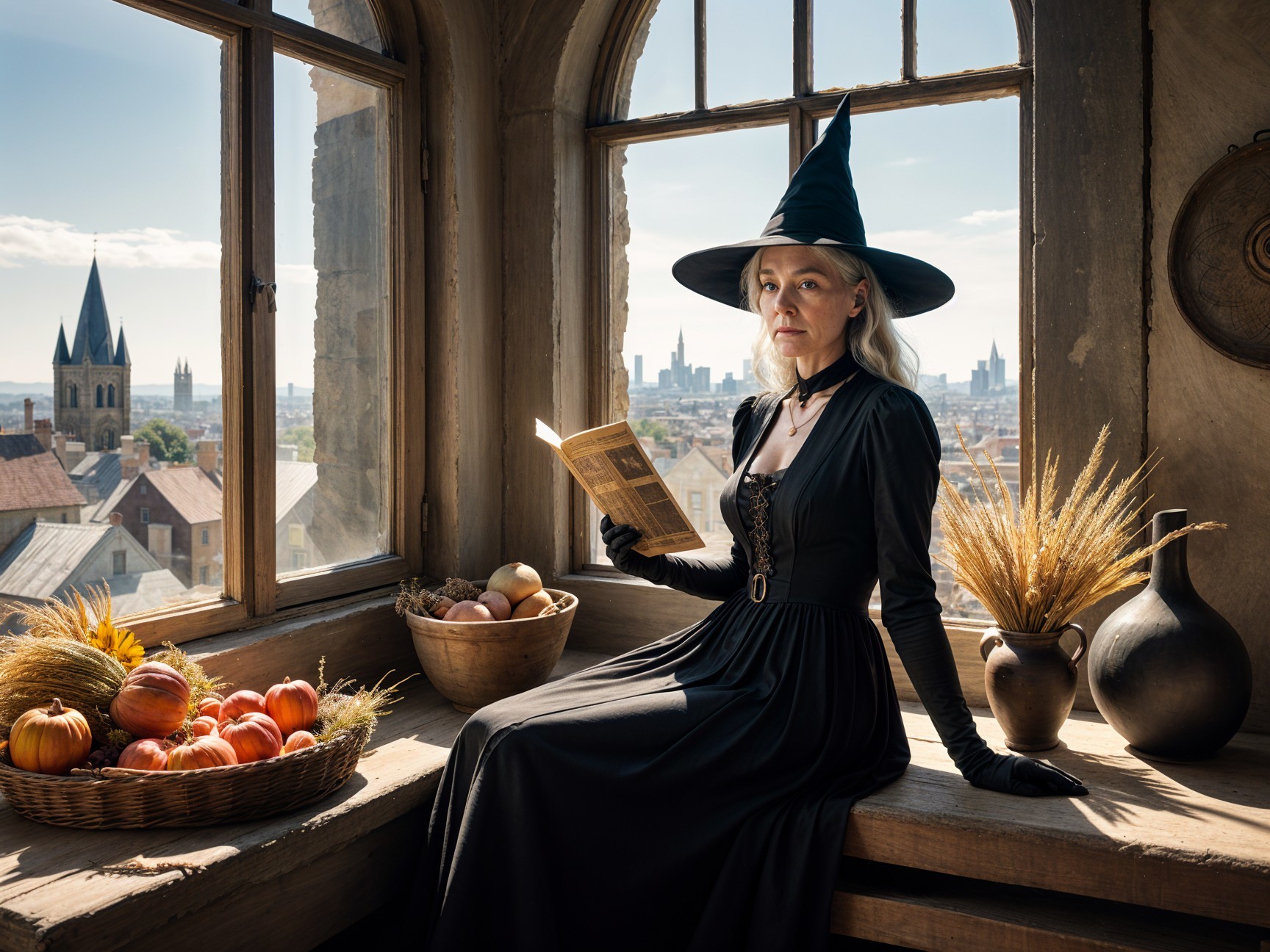 Cozy Autumn Scene with Woman in Witch's Hat and Book
