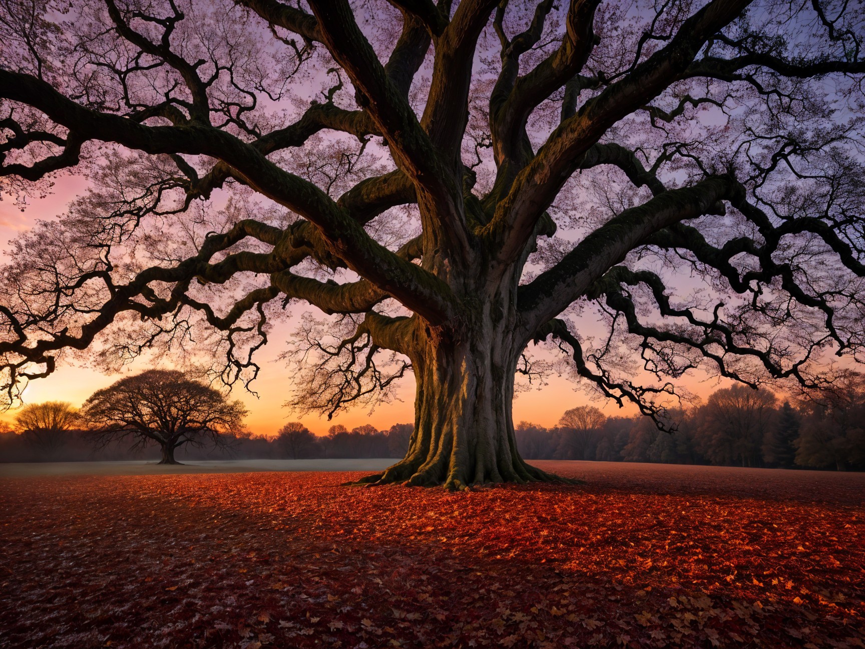 Majestic Ancient Tree in Serene Sunset Landscape