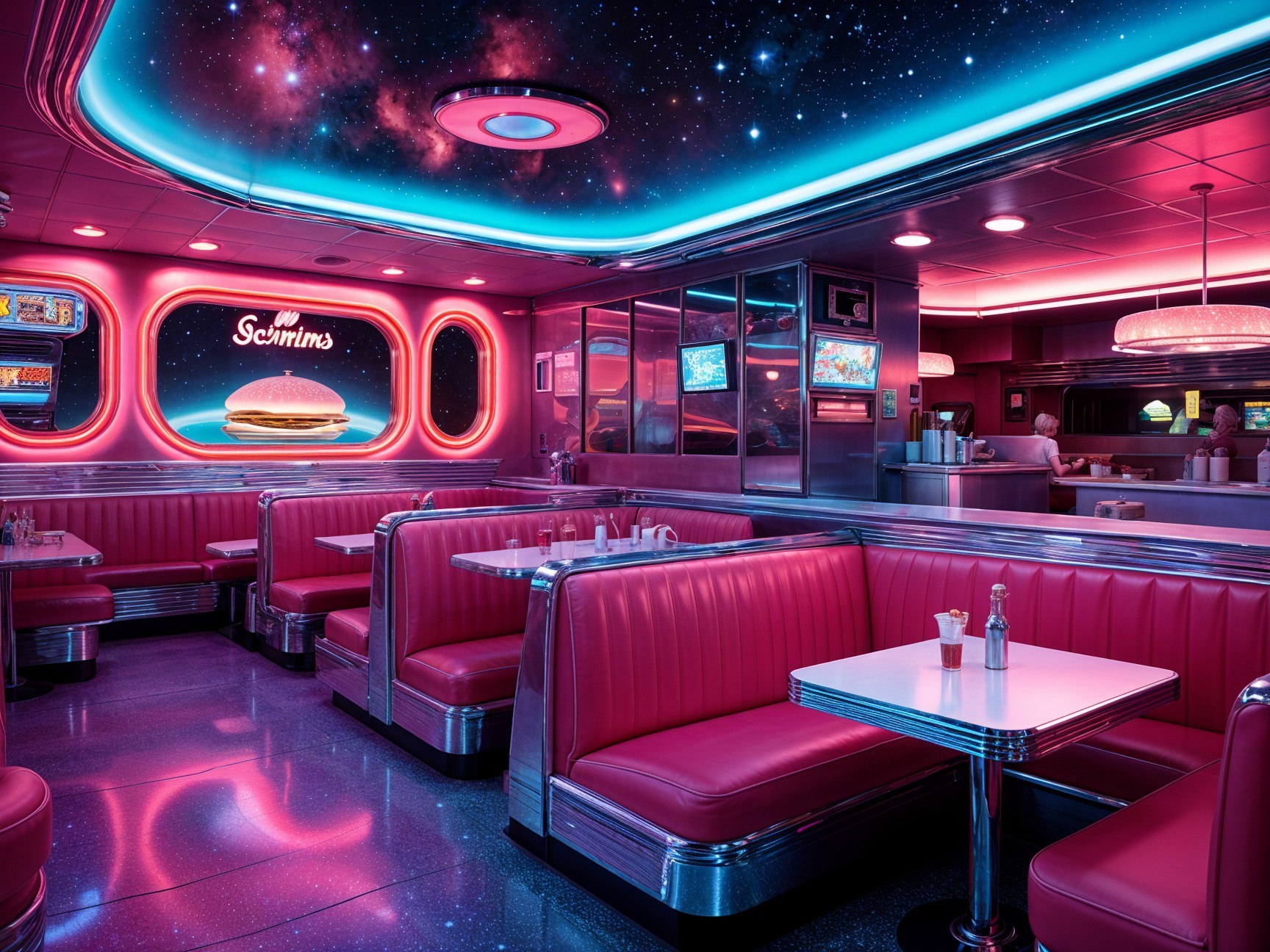Retro Diner Interior with Pink Booths and Neon Lights