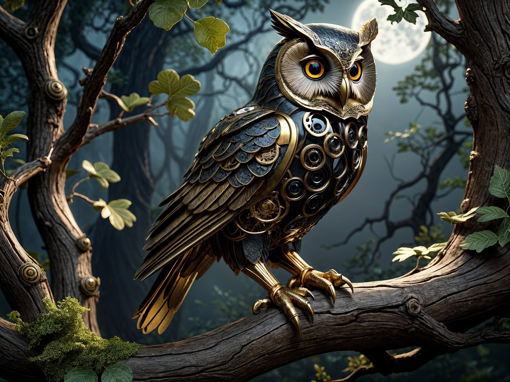 Mechanical Owl on Gnarled Branch in Misty Forest