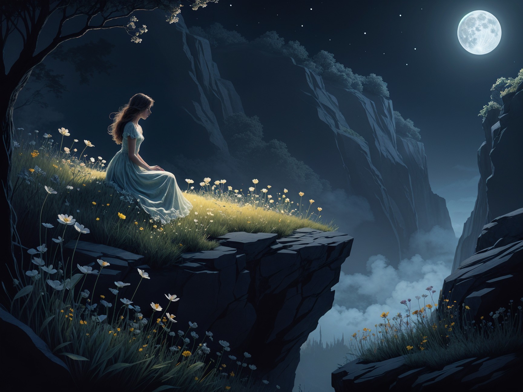 Moonlit Landscape with Woman in White Dress and Flowers