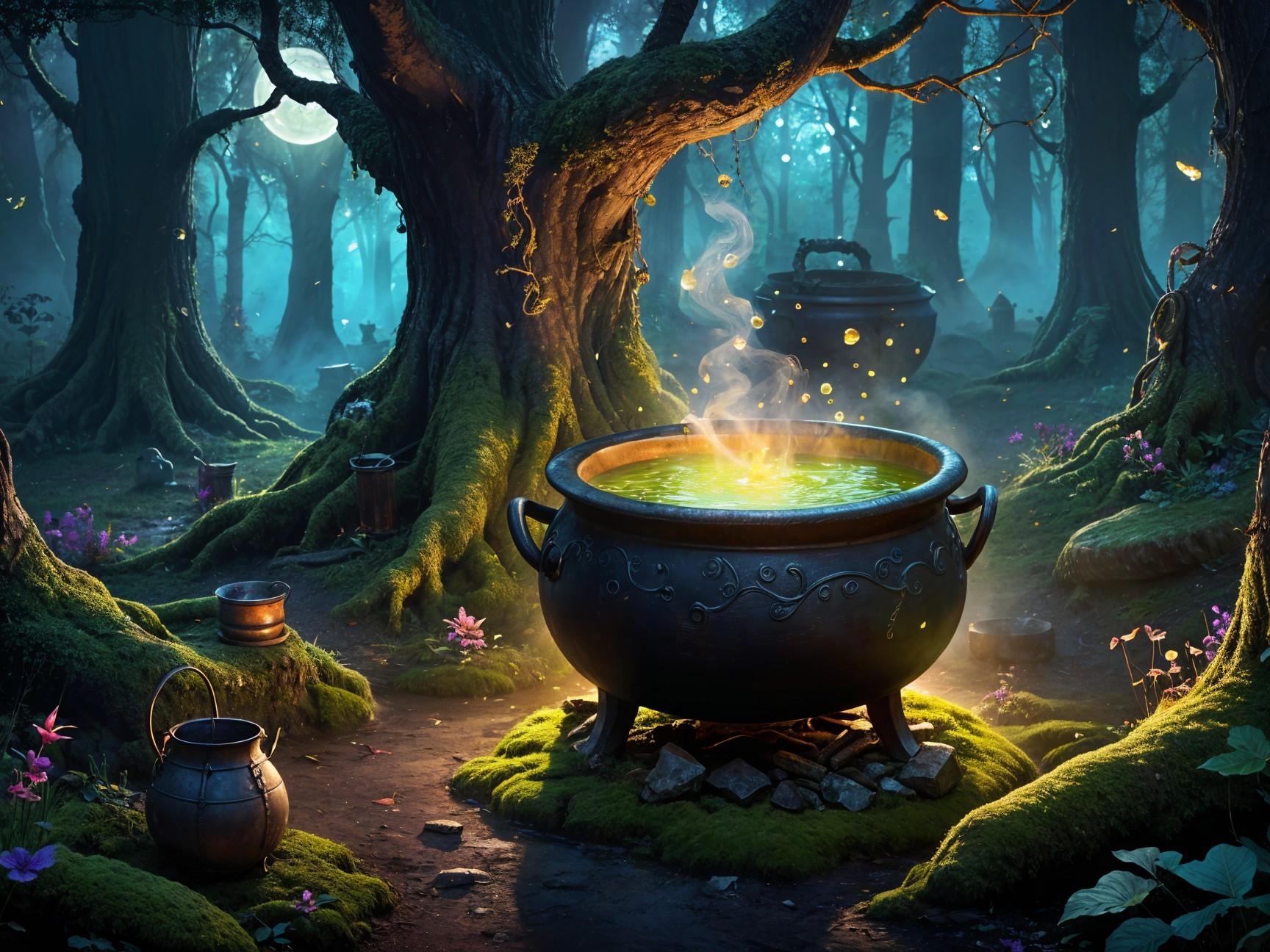 Mystical forest with bubbling cauldron and glowing orbs