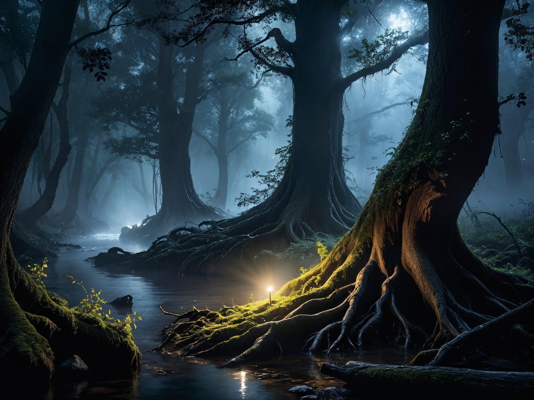 Twilight Forest Scene with Lantern and Mist