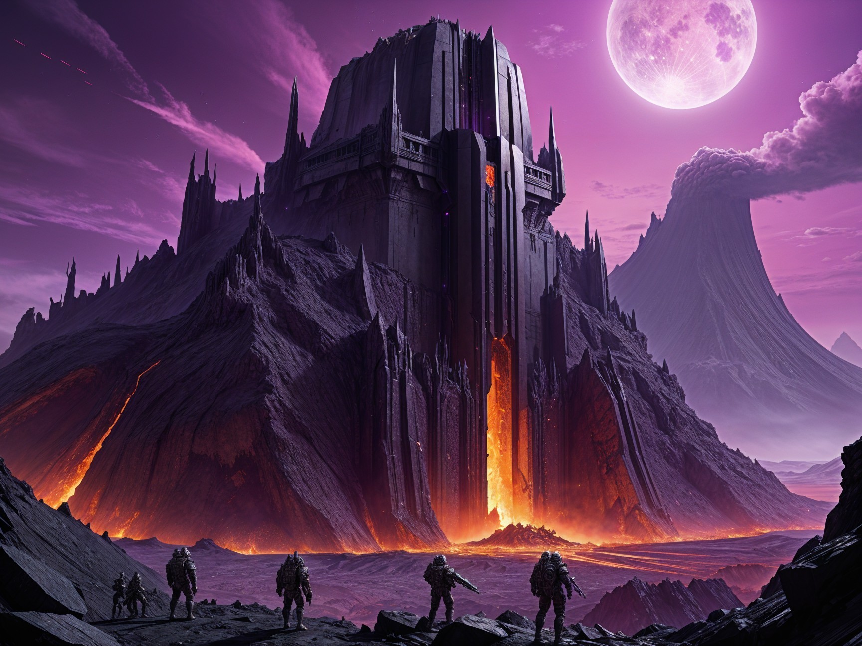 Dark Fortress Amidst Rugged Landscape and Lava Flow