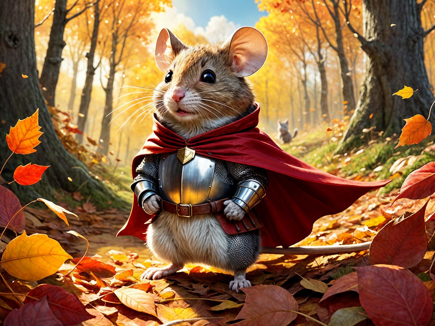Heroic Mouse in Armor in Autumn Forest Setting