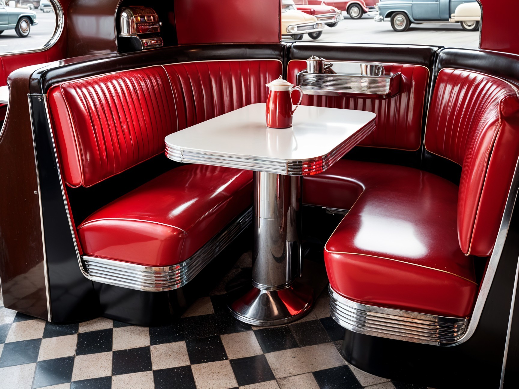 Retro Diner Booth with Red Vinyl Seats and Checkered Floor
