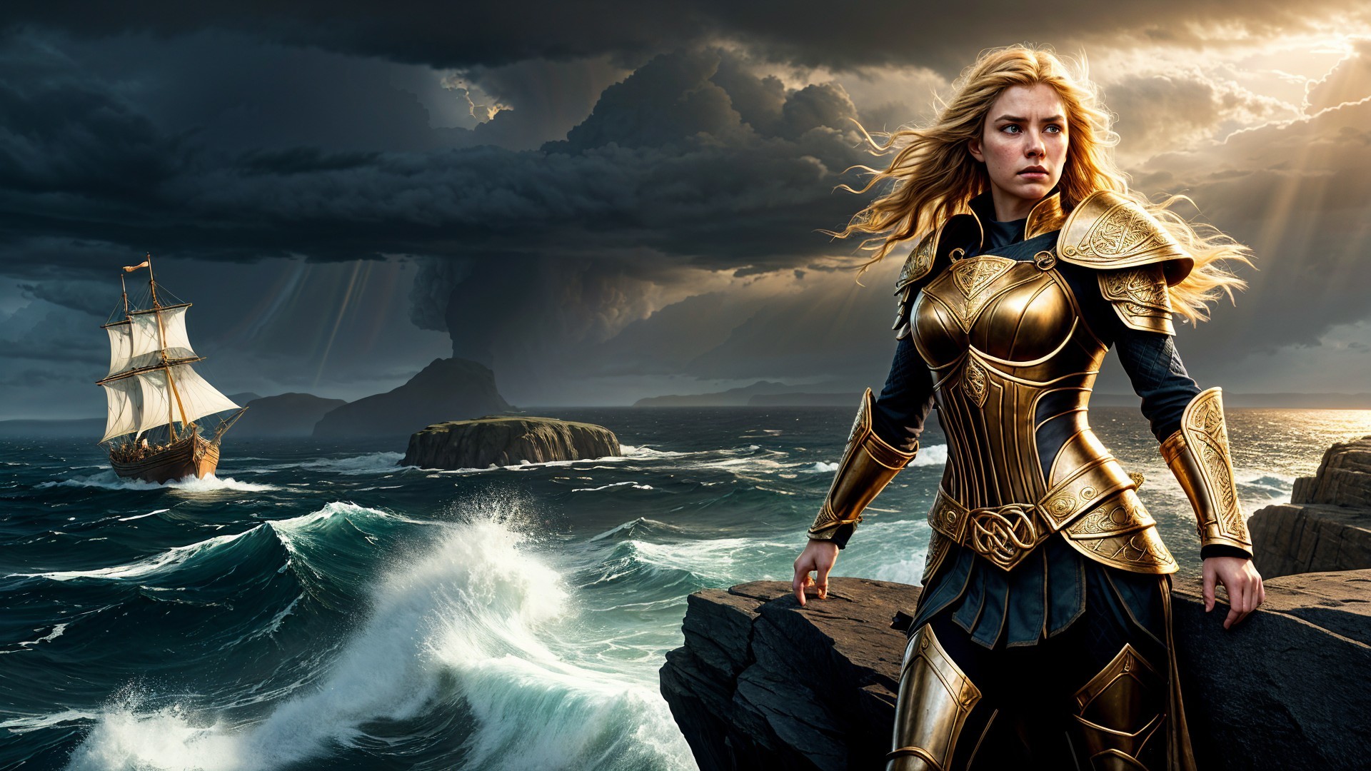 Warrior in Golden Armor on Rocky Cliffs by Stormy Sea