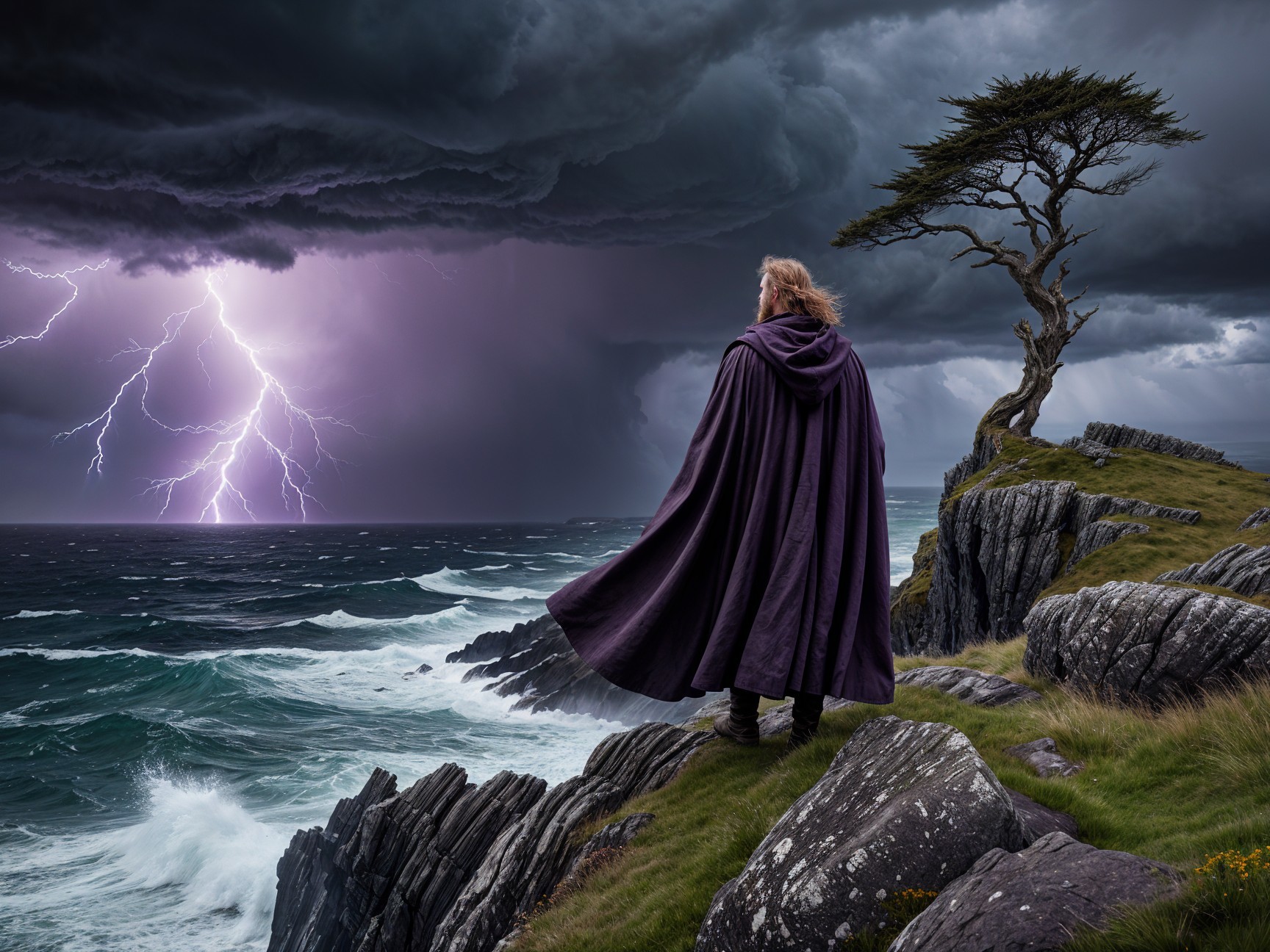 Figure in Cloak on Cliff Overlooking Stormy Seas