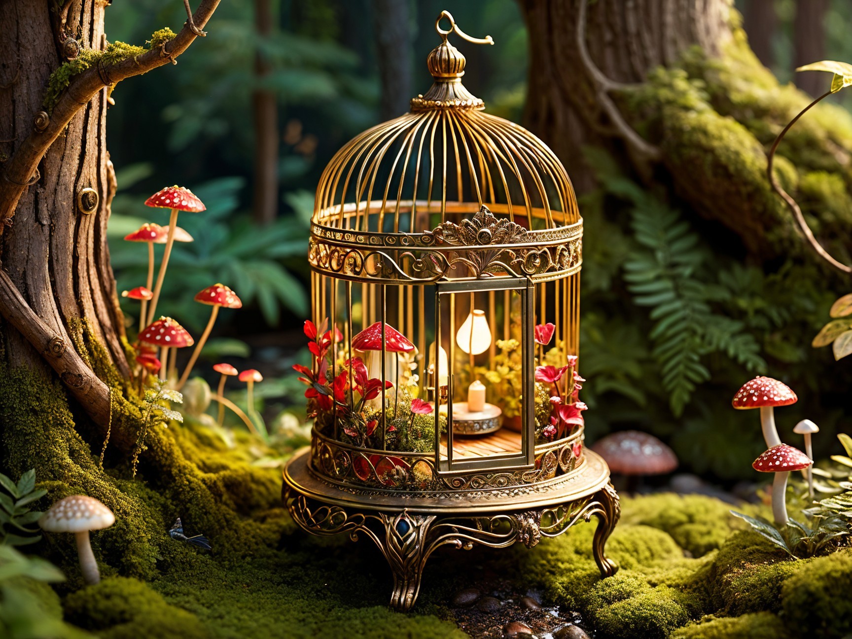 Golden Birdcage Surrounded by Forest Flora and Light