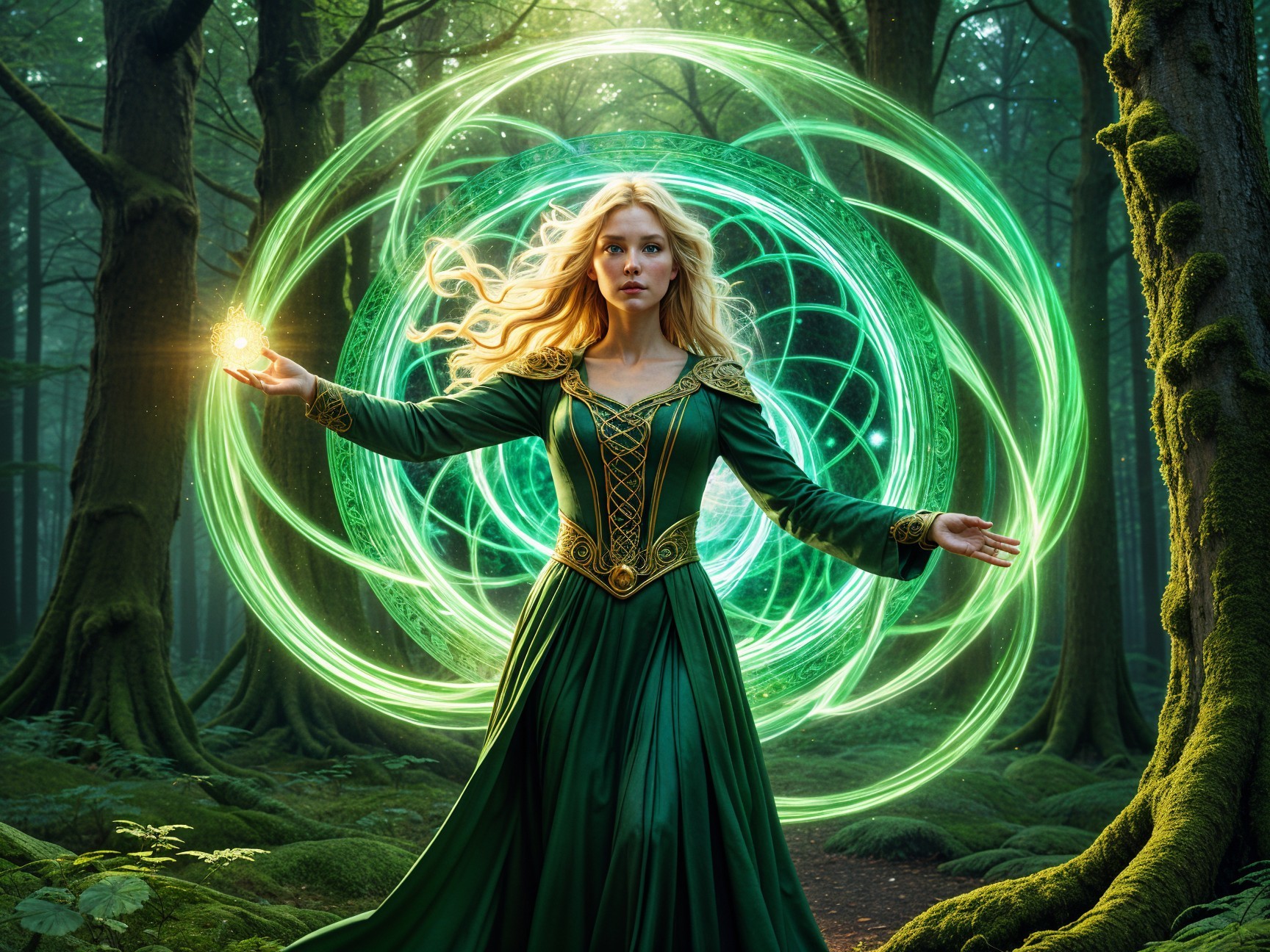 Mystical forest scene with a sorceress and magic patterns