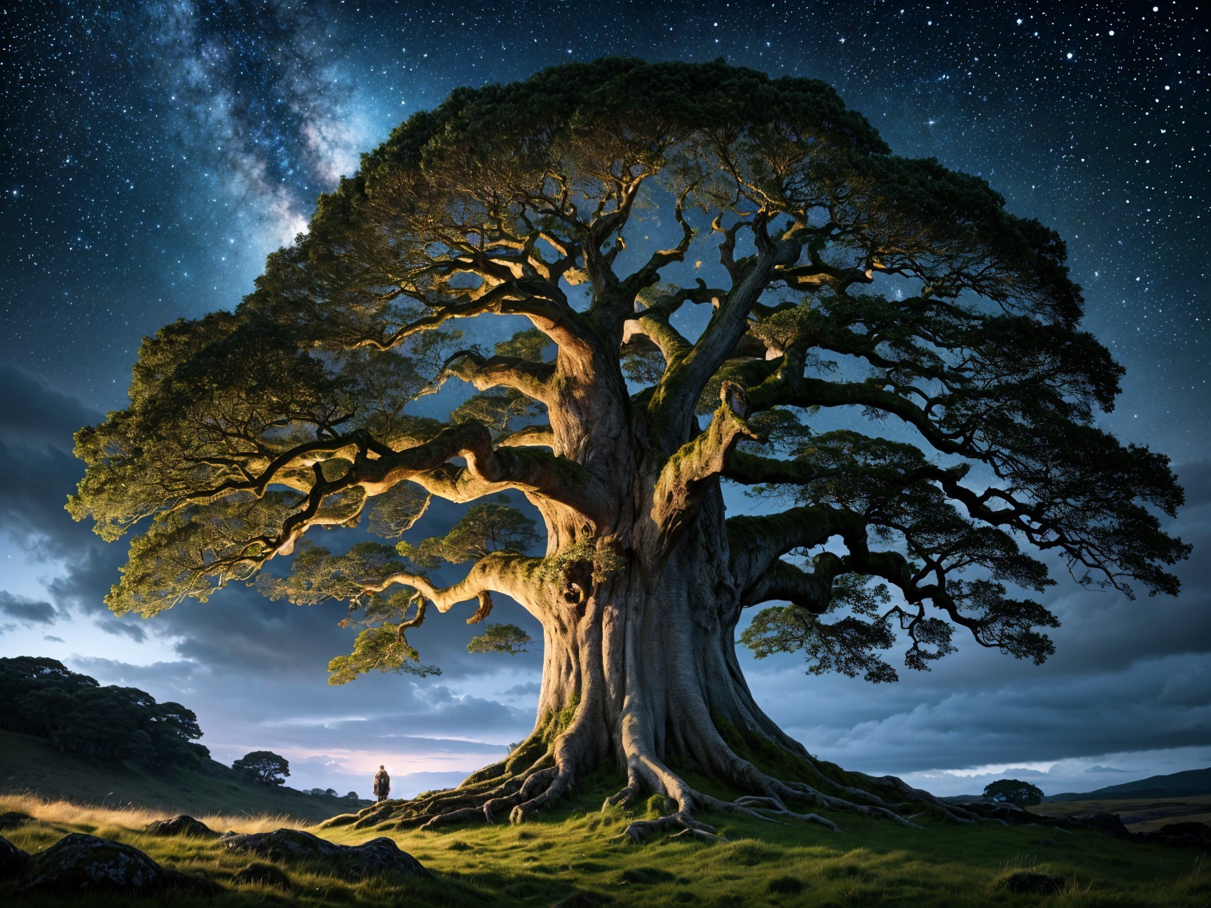 Majestic Tree Under Starry Night Sky in Serene Landscape