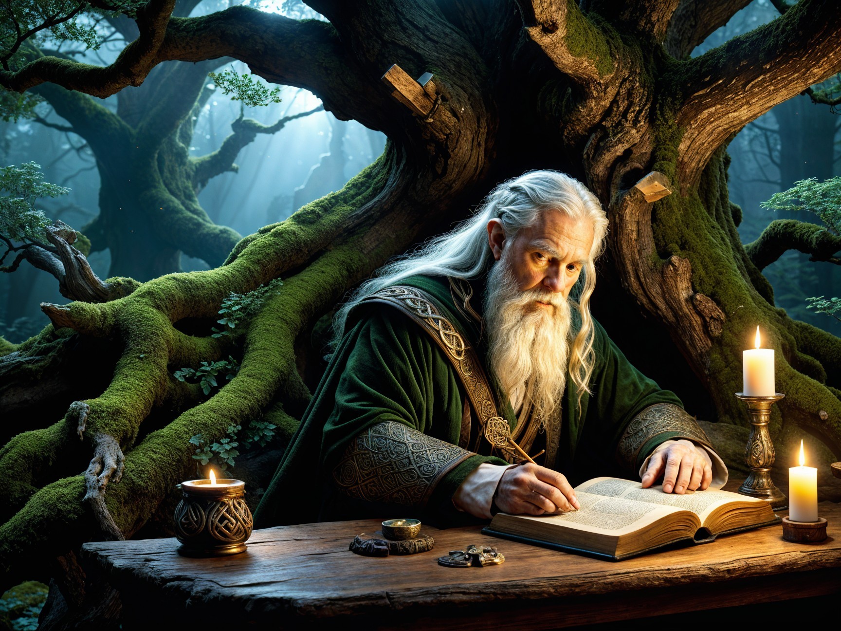 Elderly wizard writing in a mystical forest setting
