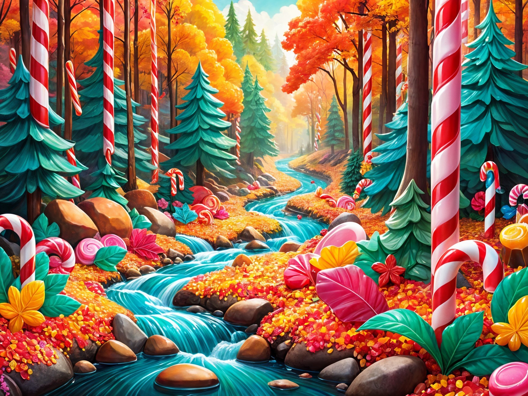 Whimsical Autumn Forest Scene with Colorful Elements