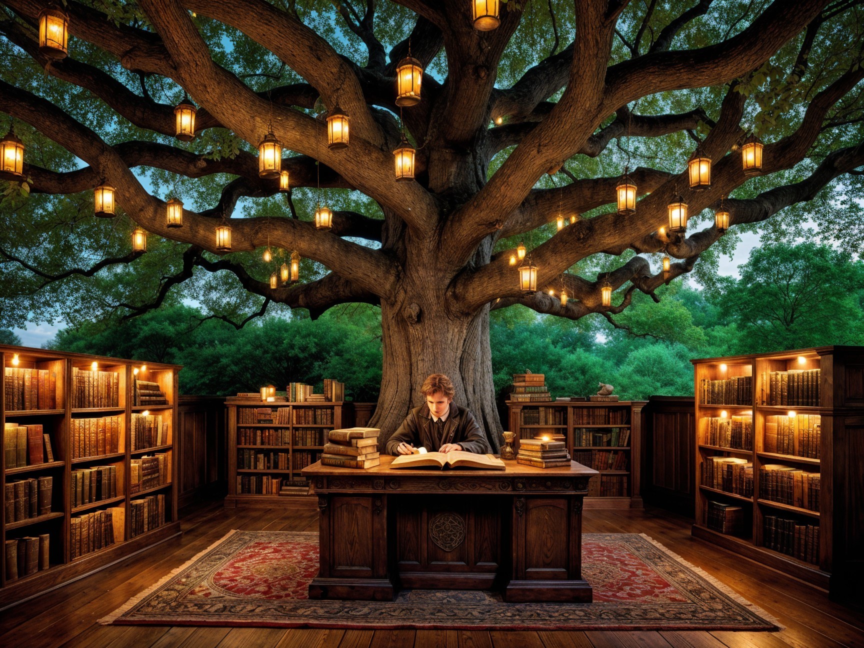 Library Under Tree with Lanterns and Cozy Atmosphere