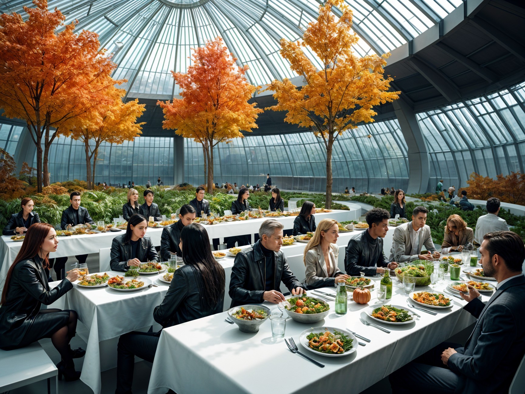 Elegant communal dining in a bright, autumn setting