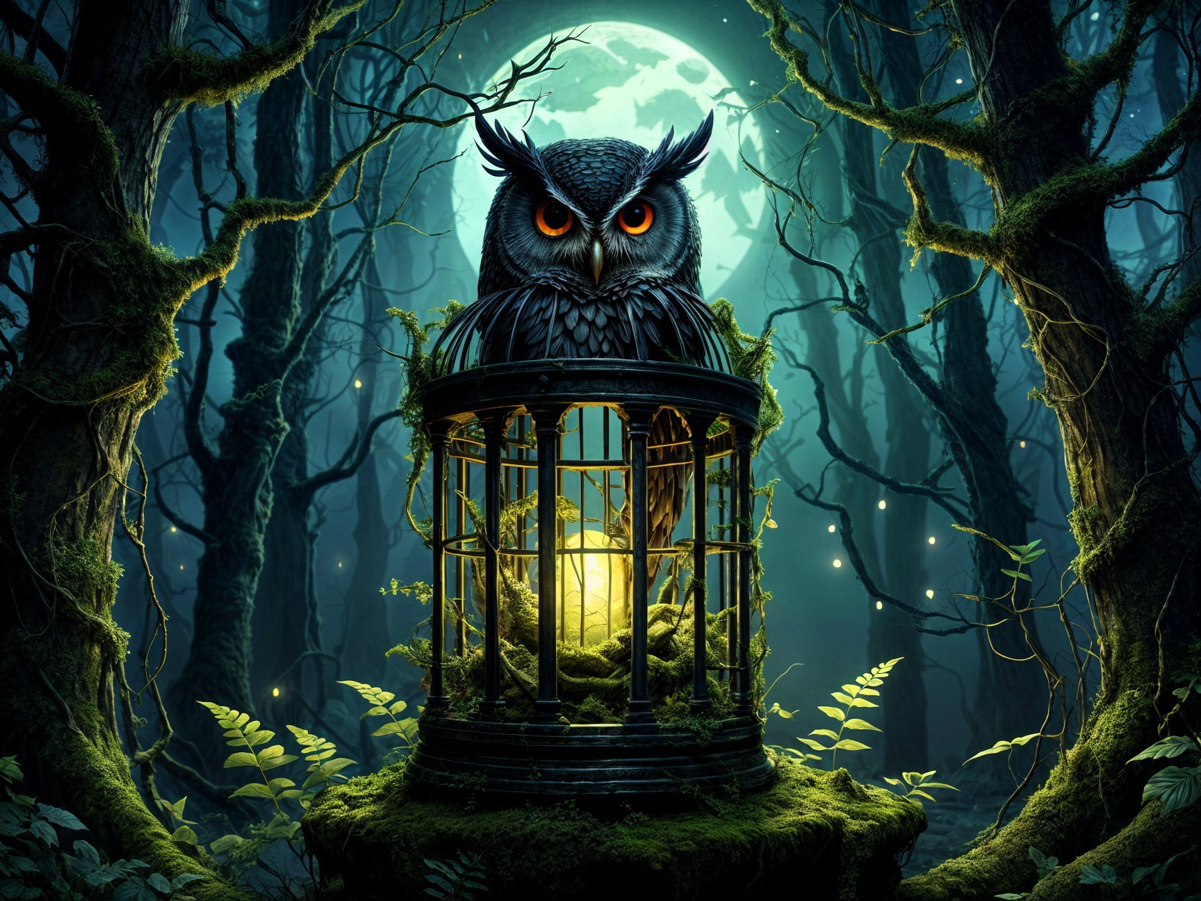 Majestic owl in moonlit forest with ornate cage