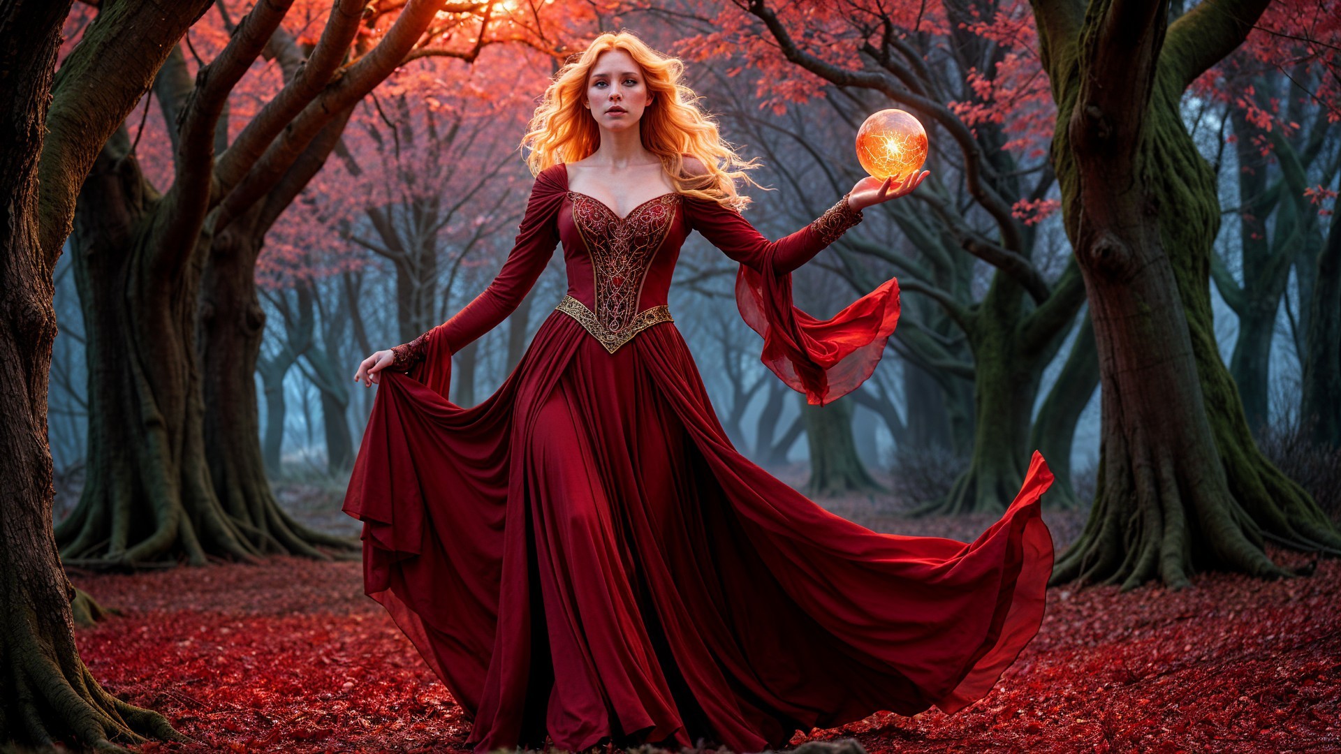 Woman in red gown with glowing orb in mystical forest