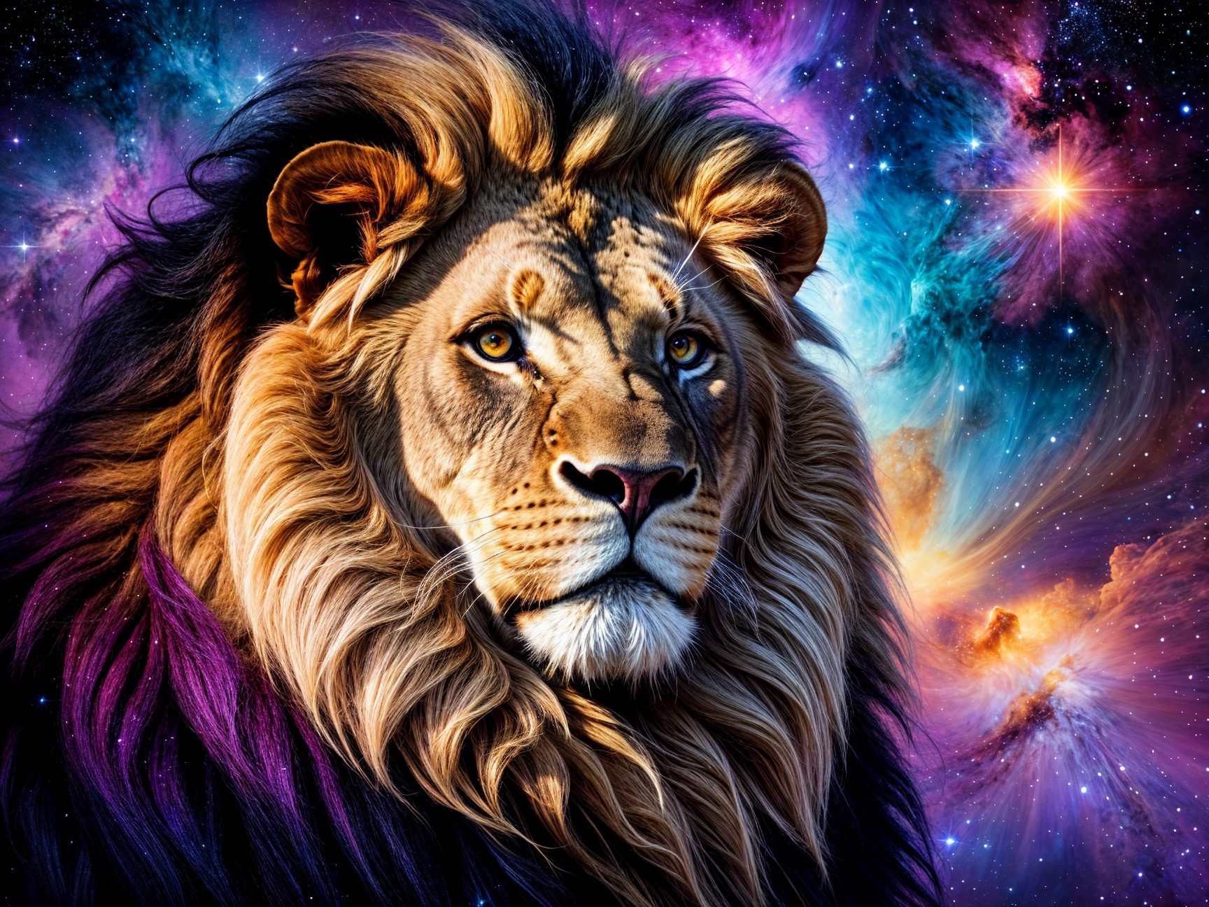 Majestic lion against a vibrant cosmic backdrop