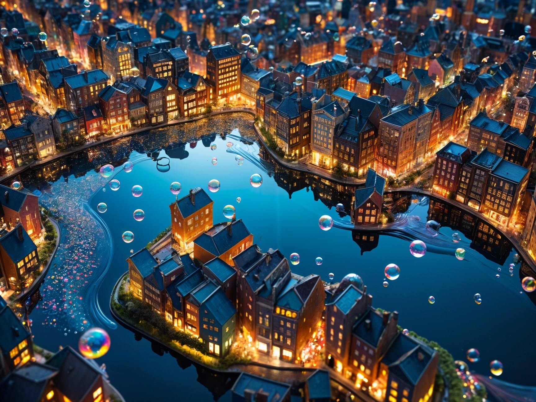 Aerial View of a Miniature City with Bubbles and Lights
