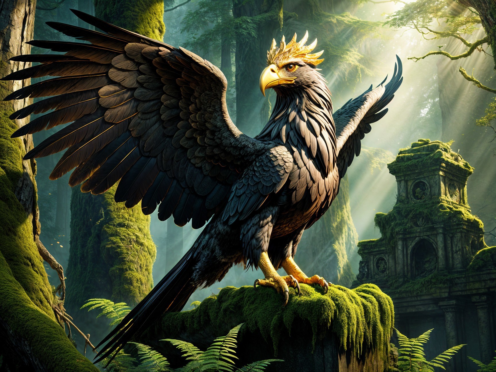 Eagle Perched on Rock in Ancient Forest Setting