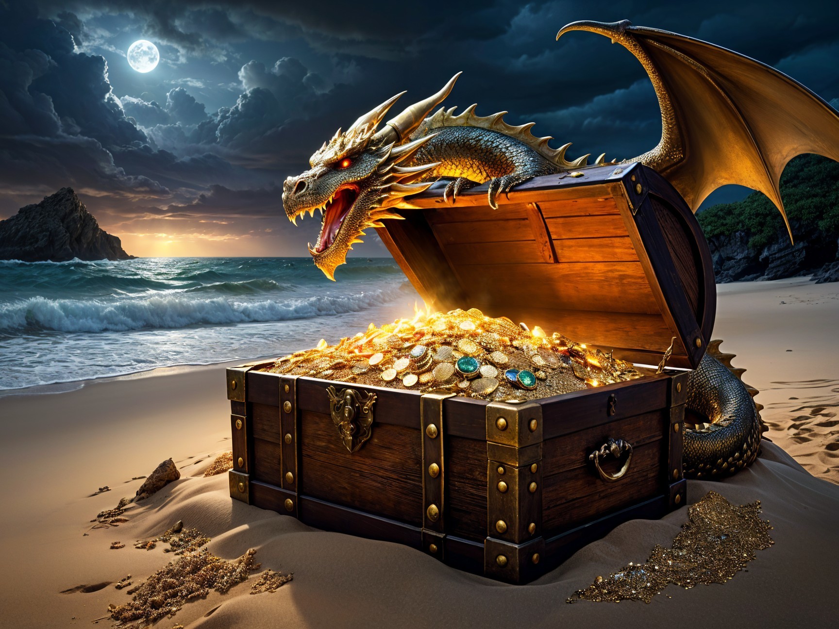 Golden dragon guarding treasure on a sandy beach